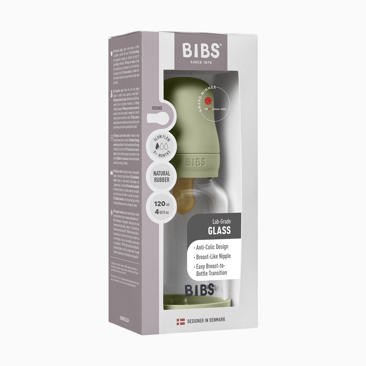 BIBS Baby Glass Bottle with Natural Rubber Nipple - Sage, 4oz.