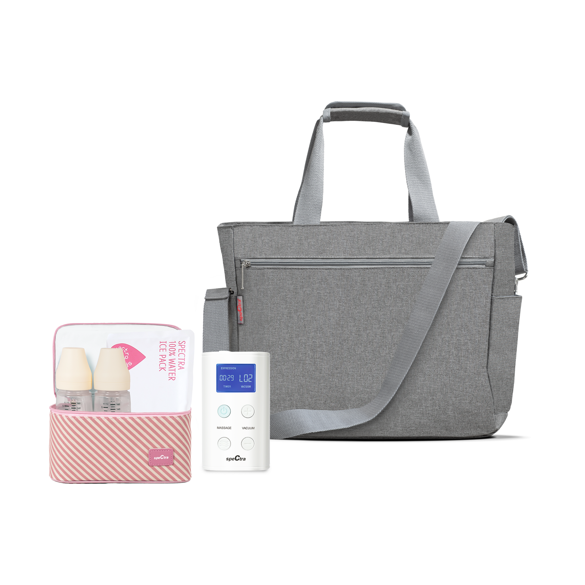 Spectra 9 Plus Portable Rechargeable Breast Pump with Grey Tote and Pink Cooler Kit.