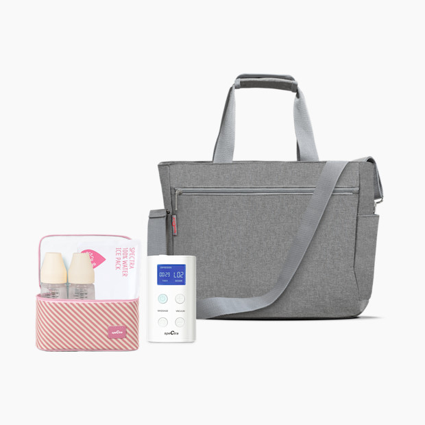 Spectra 9 Plus Portable Rechargeable Breast Pump with Grey Tote and Pink Cooler Kit.