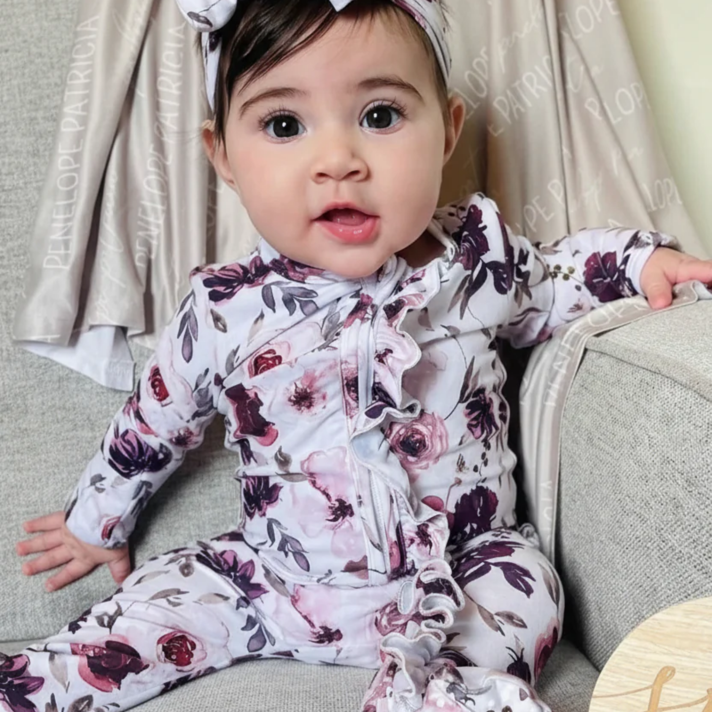 Caden Lane Ruffle Zipper Footie - Demi's Dusty Purple Floral, 3-6 M.