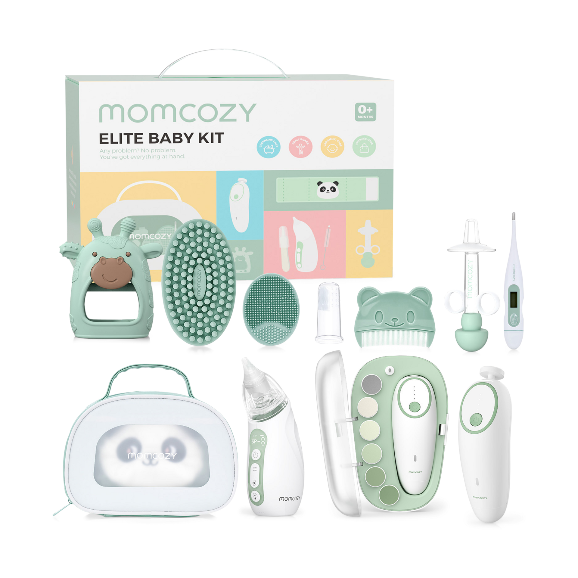 Momcozy Elite Baby Kit, Superior Baby Shower & Registry Essential Kit for Grooming & Health & Cleansing Care, Electric Nail File & Nasal Aspirator,Tummy Wrap,Thermometer,Bath Brush,Teether,Storage Bag