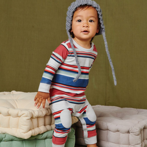 Tea Collection Stripe Knee Patch Baby Romper - Earth Red, 6-9 M.