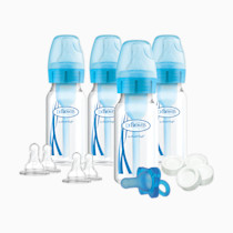 Dr. Brown's Natural Flow Anti-Colic Options+ Narrow Breast to Bottle Pump & Store Feeding Set with Slow Flow Nipples, Baby Travel Caps and 100% Silicone HappyPaci One-Piece Pacifier, Blue