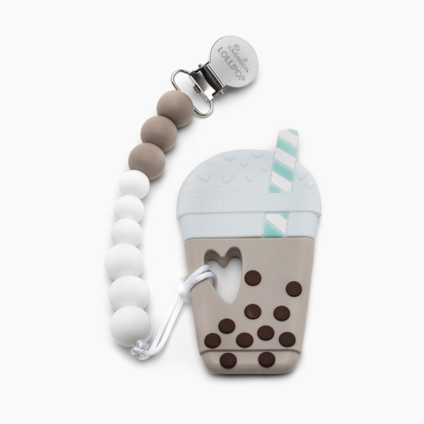Loulou Lollipop Silicone Teether with Metal Clip - Classic Bubble Milk Tea (Taupe/Brown).