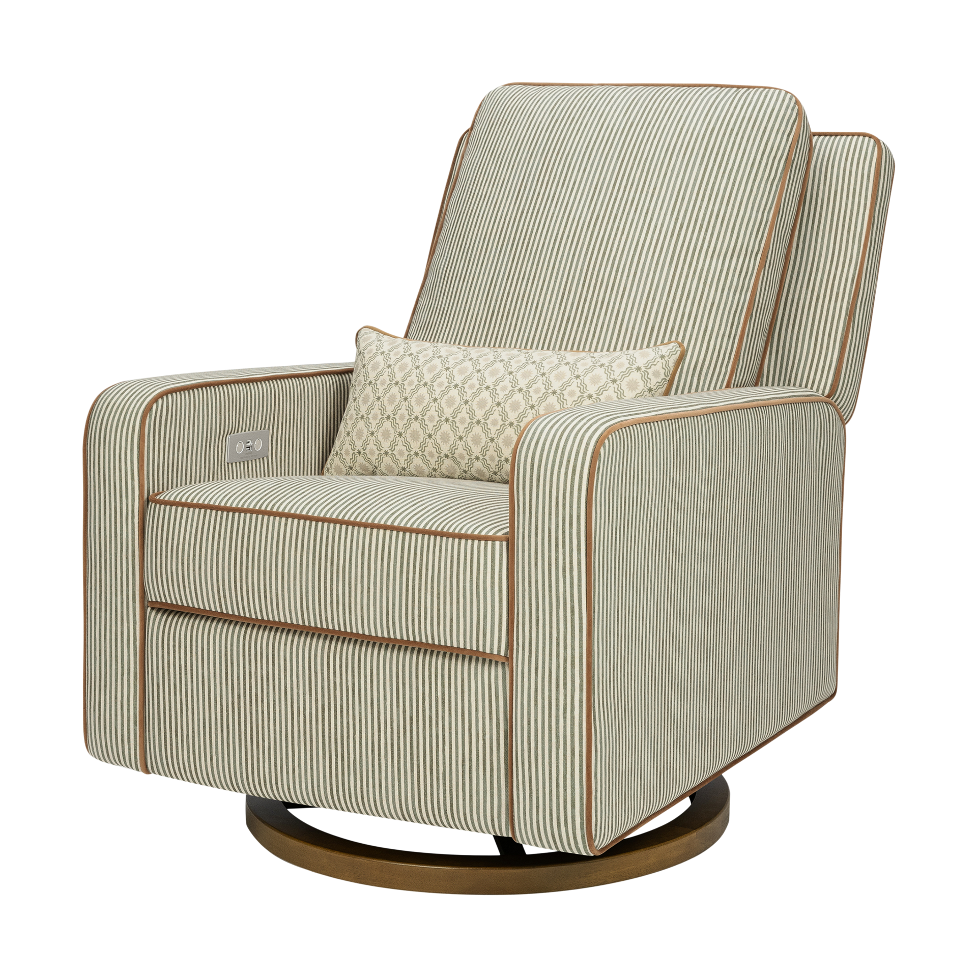 babyletto Sigi Electronic Recliner and Glider by Nate Berkus - Performance Olive Stripe Eco-Crossweave With Toffee Base.