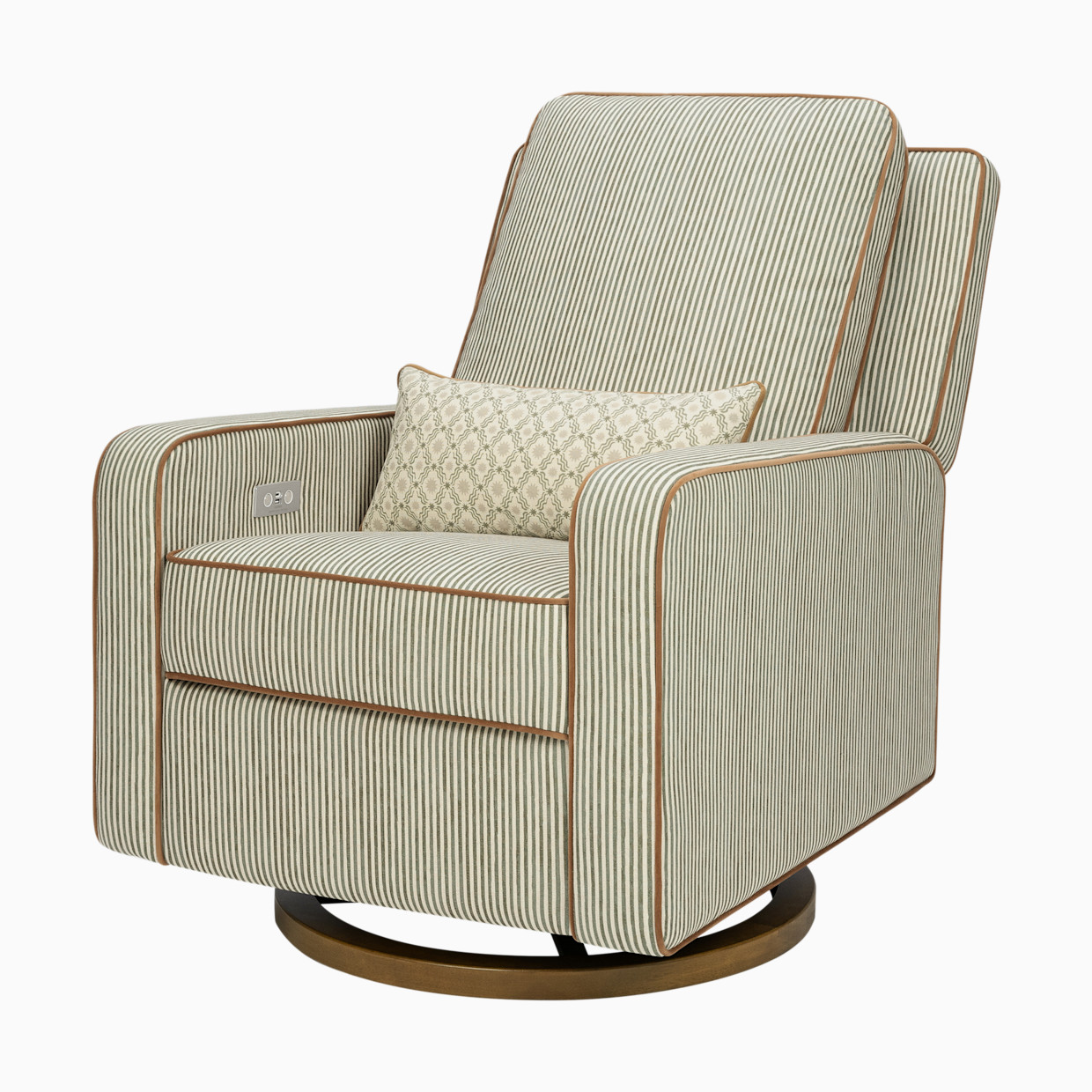 babyletto Sigi Electronic Recliner and Glider by Nate Berkus - Performance Olive Stripe Eco-Crossweave With Toffee Base.