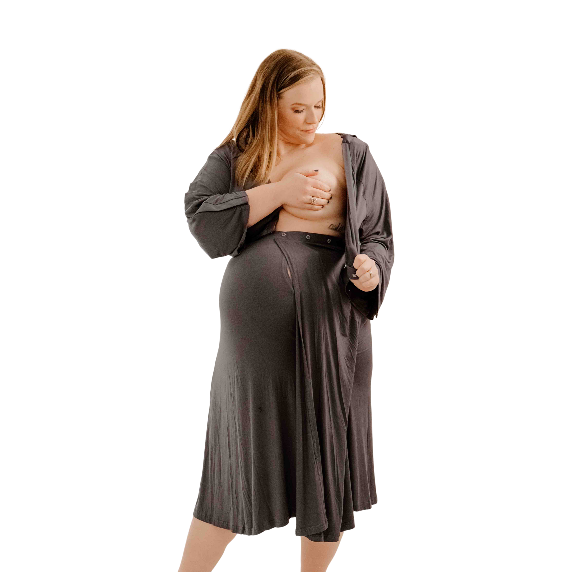 Lila Maternity Amelia Labor & Postpartum Gown - Charcoal Grey, Large.