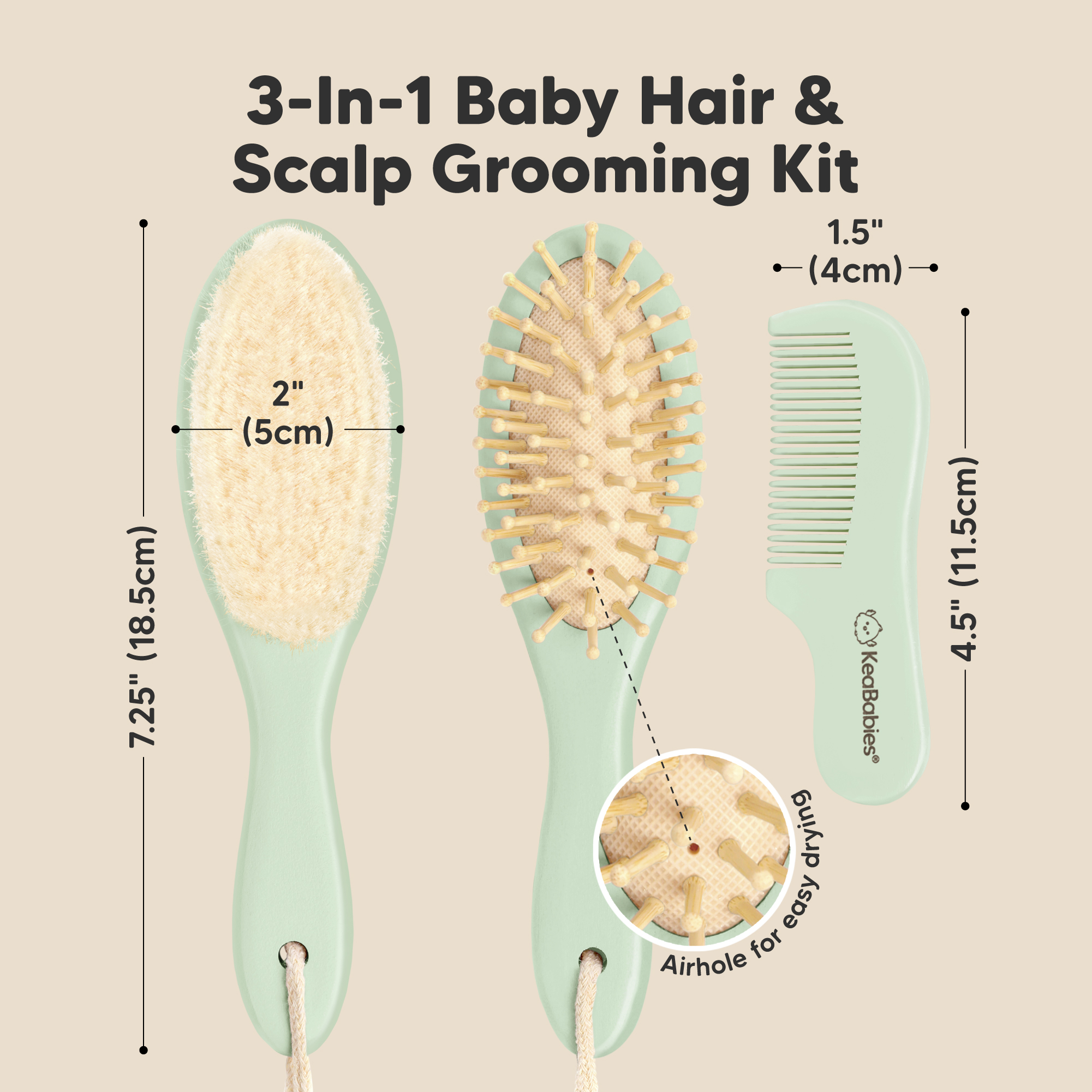 KeaBabies Baby Hairbrush Set - Sage.