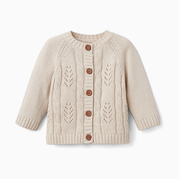 Elegant Baby Pointelle Knit Baby Cardigan - Wheat Leaf, 6 M.