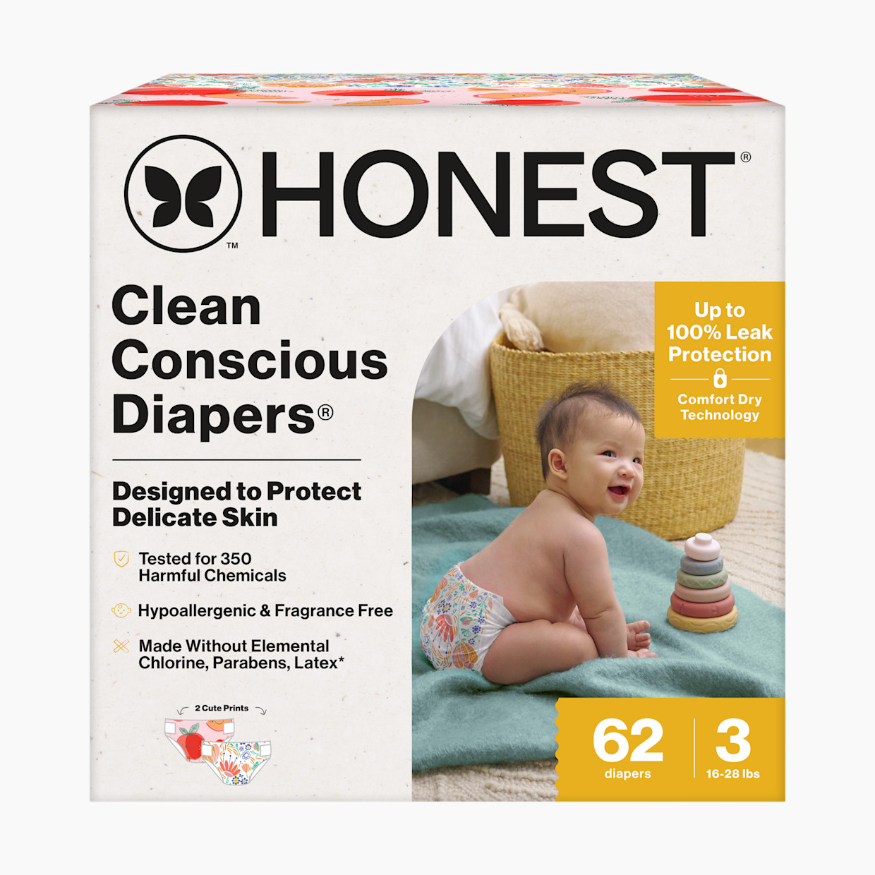 The Honest Company Clean Conscious Disposable Diapers Size 3-5 - Just Peachy + Flower Power, Size 3, 62 Count.