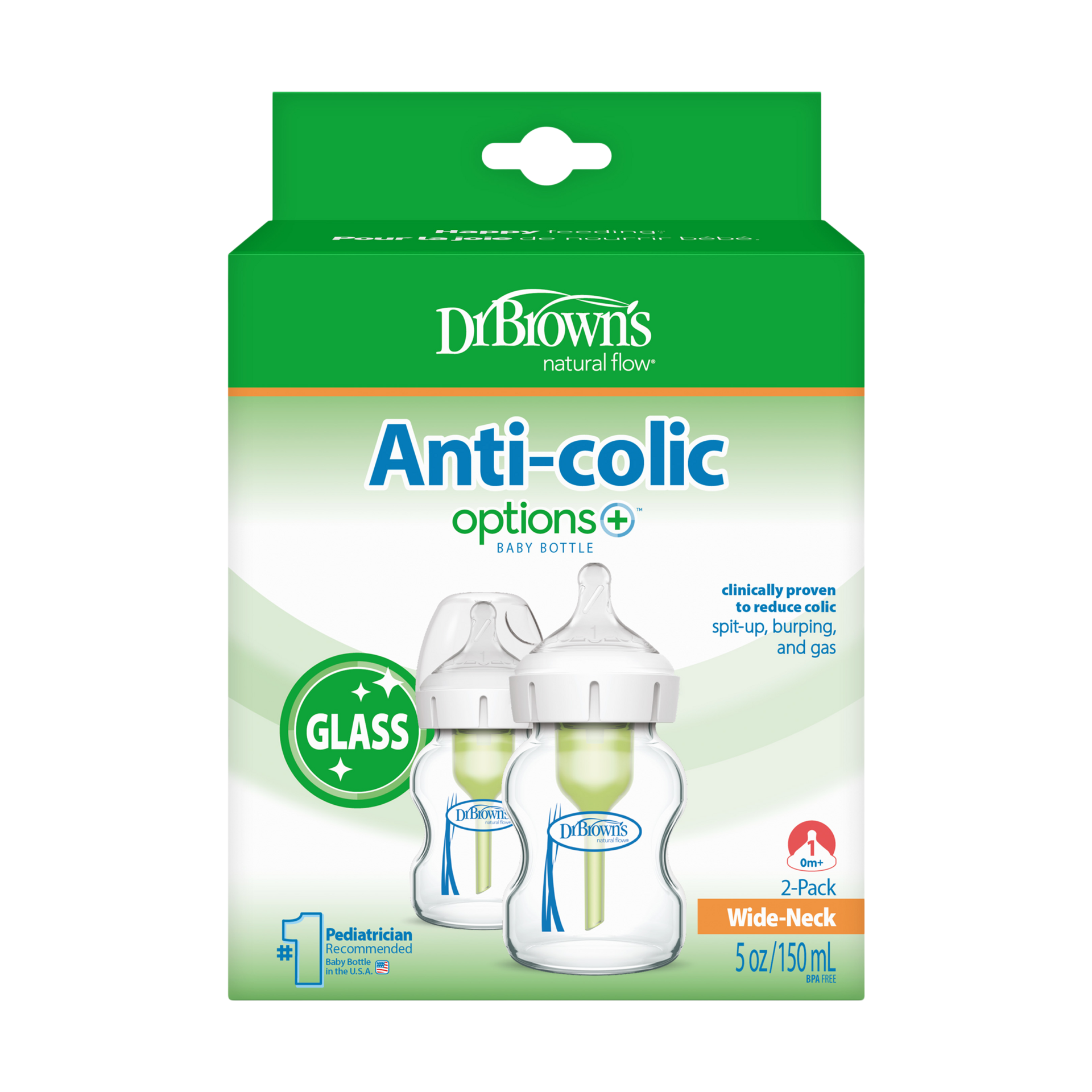 Dr. Brown's Anti-colic Options+ Wide-Neck Glass Baby Bottle - 5 Oz.