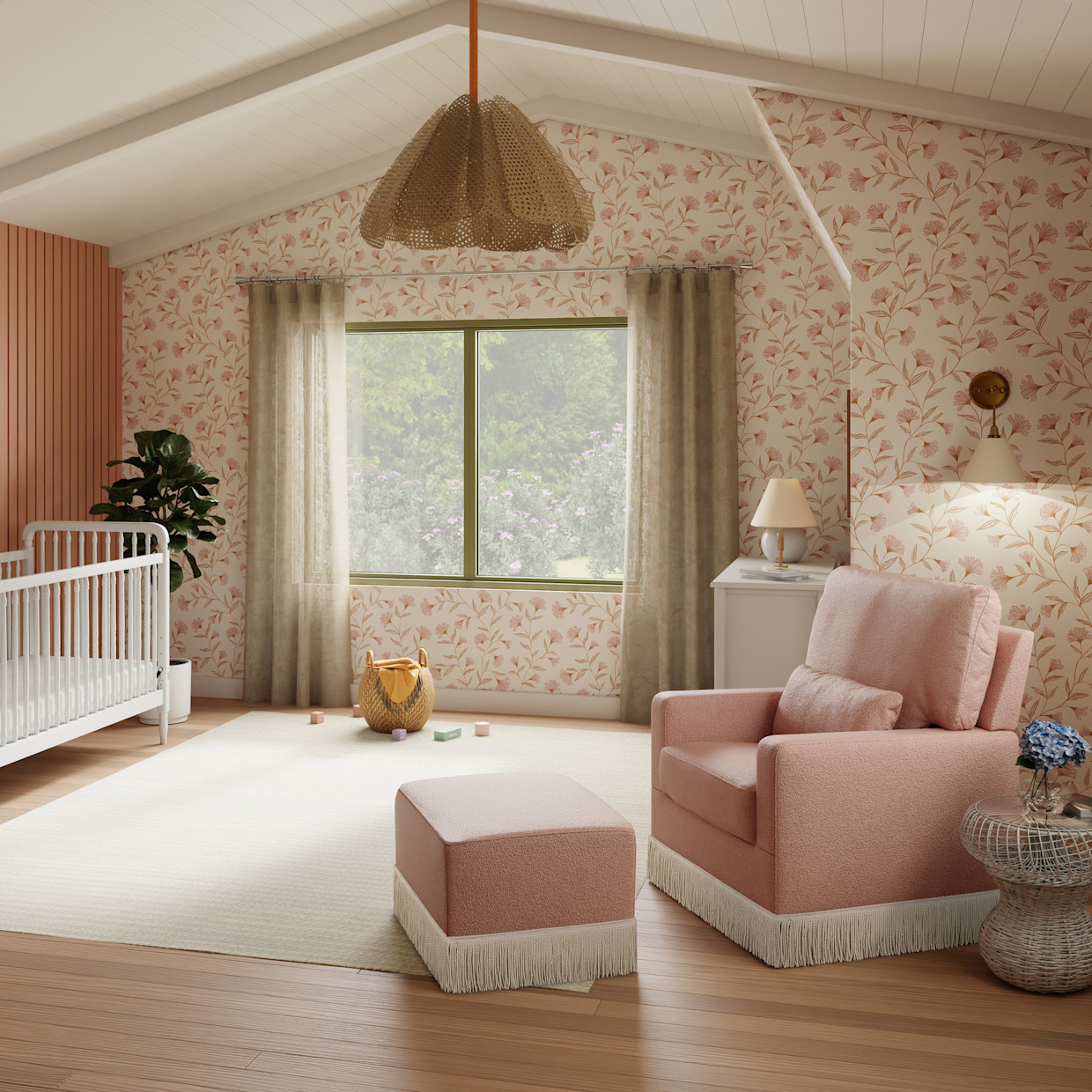 Namesake Crawford Gliding Ottoman - Rose Boucle With Ivory Tassel Fringe.