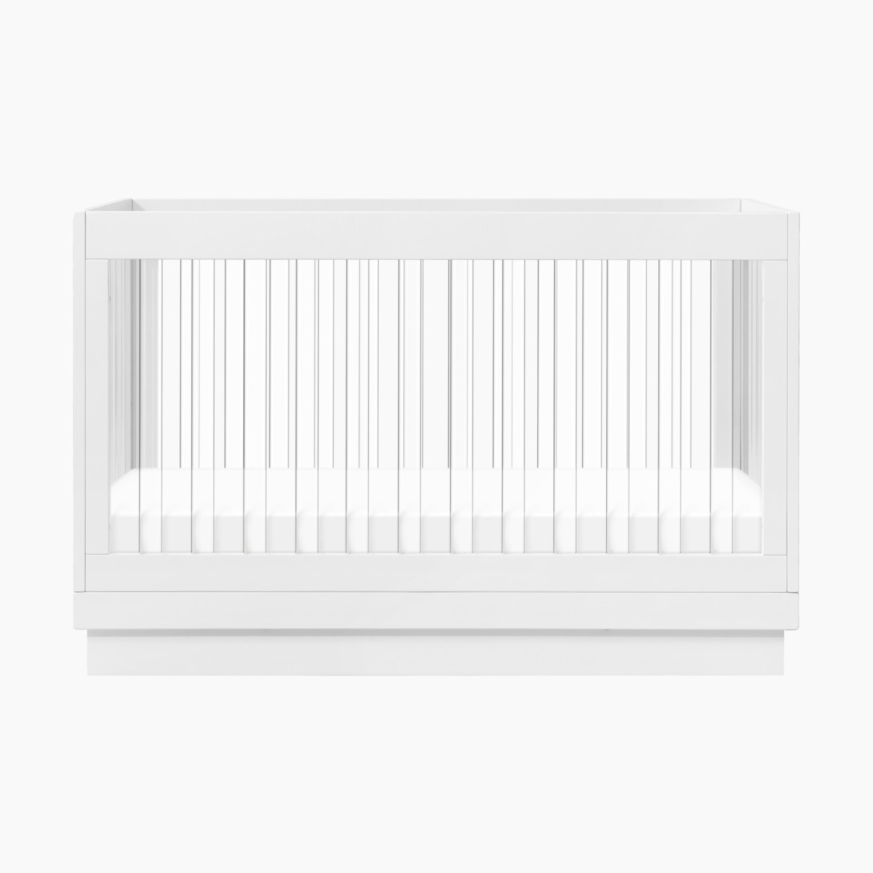 babyletto Harlow Acrylic 3-in-1 Convertible Crib with Toddler Bed Conversion Kit - White With White Base And Acrylic Slats.