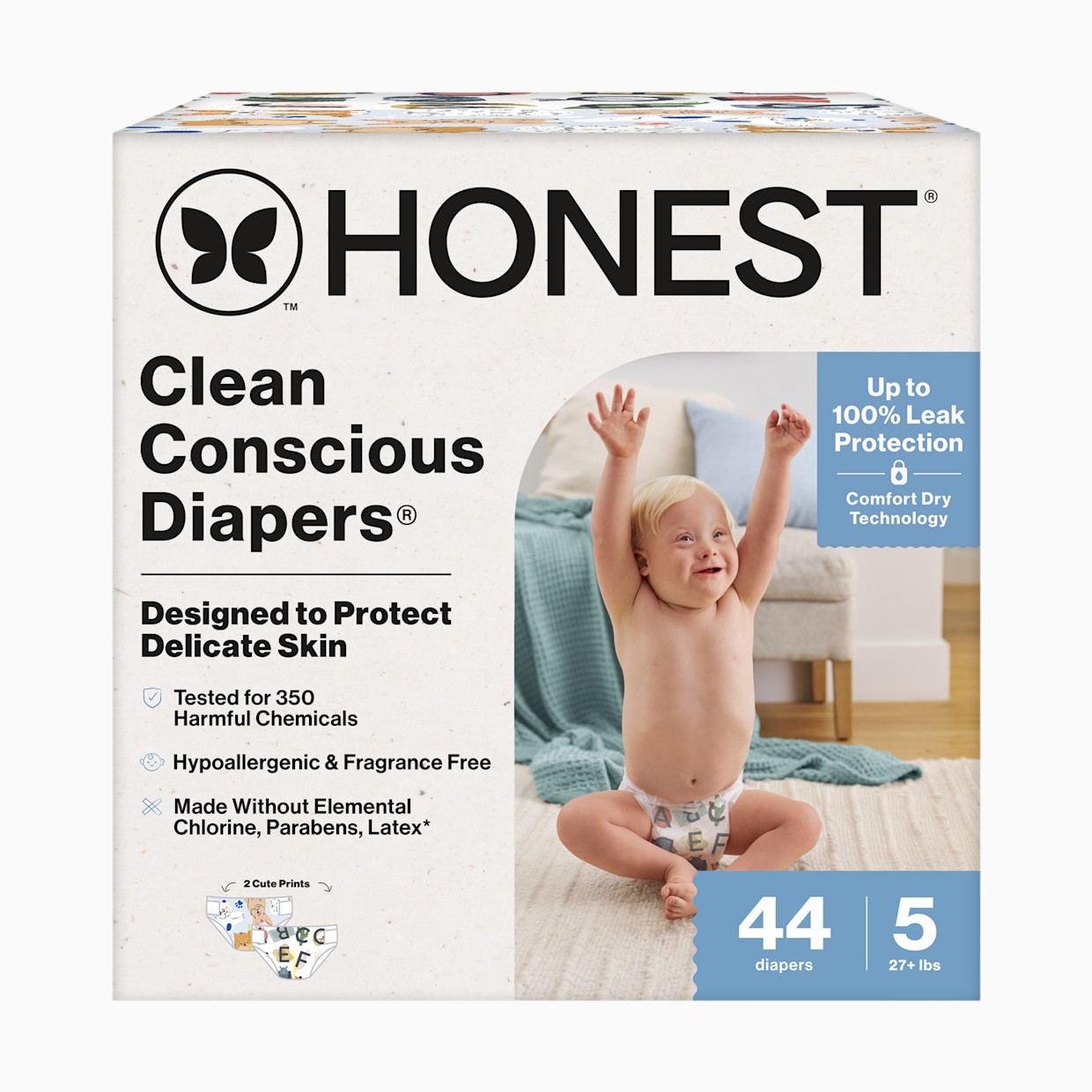 The Honest Company Clean Conscious Disposable Diapers Size 3-5 - It's A Pawty + All The Letters, Size 5, 44 Count.