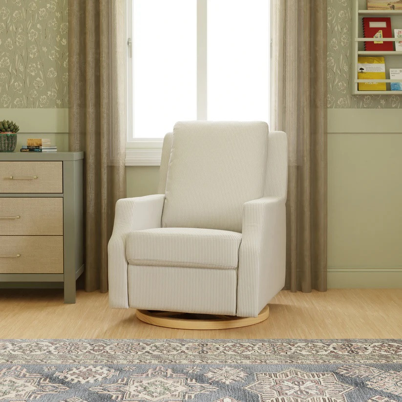 Namesake Crewe Recliner and Swivel Glider - Fog Chatham Stripe Performance Eco-Weave With Light Wood Base.