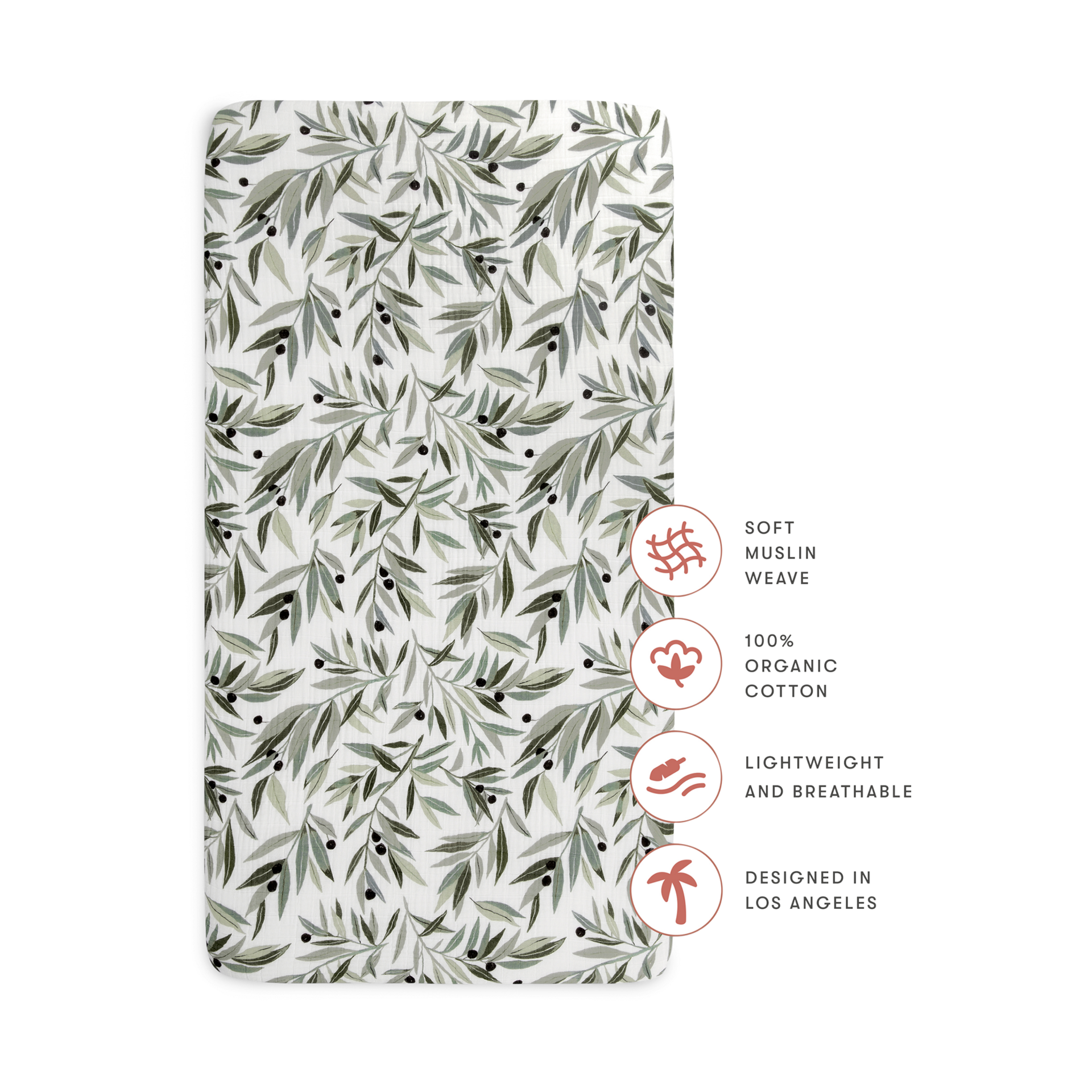 babyletto Crib Sheet in GOTS Certified Organic Muslin Cotton - Olive Branches.