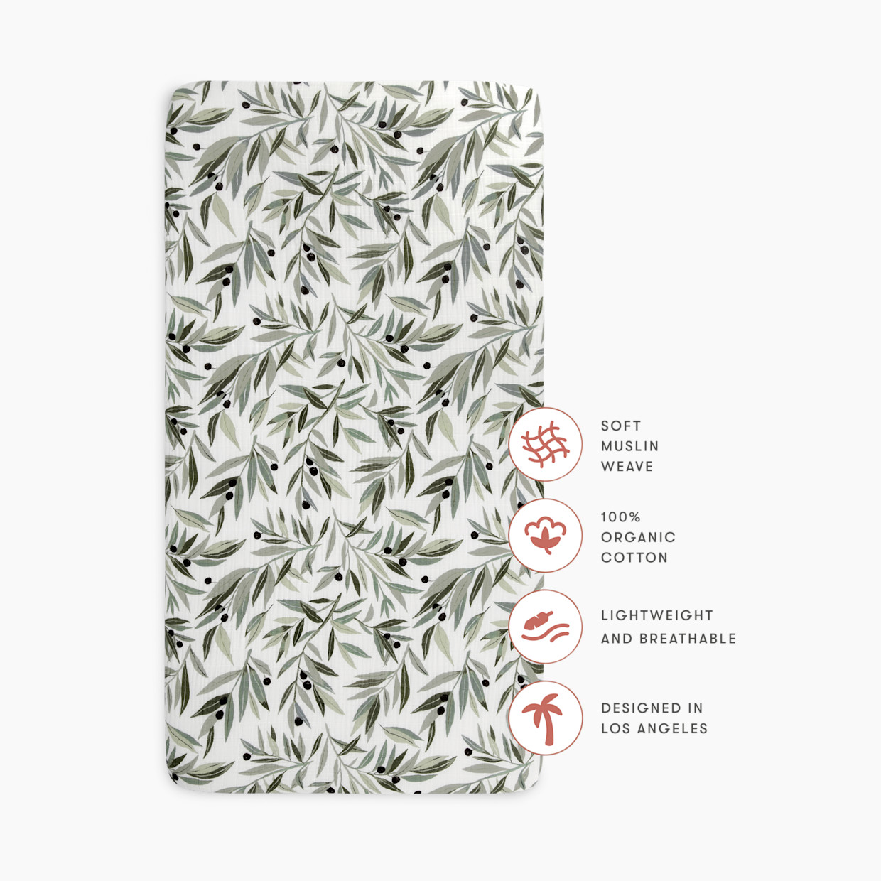 babyletto Crib Sheet in GOTS Certified Organic Muslin Cotton - Olive Branches.