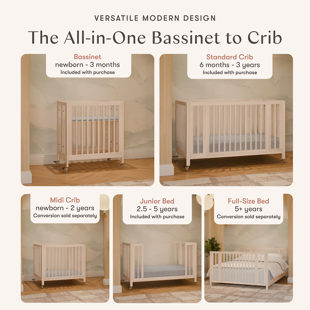 babyletto Rolli 9-in-1 Convertible All-Stages Crib with Bassinet & Toddler Bed Conversion Kits - Washed Natural.