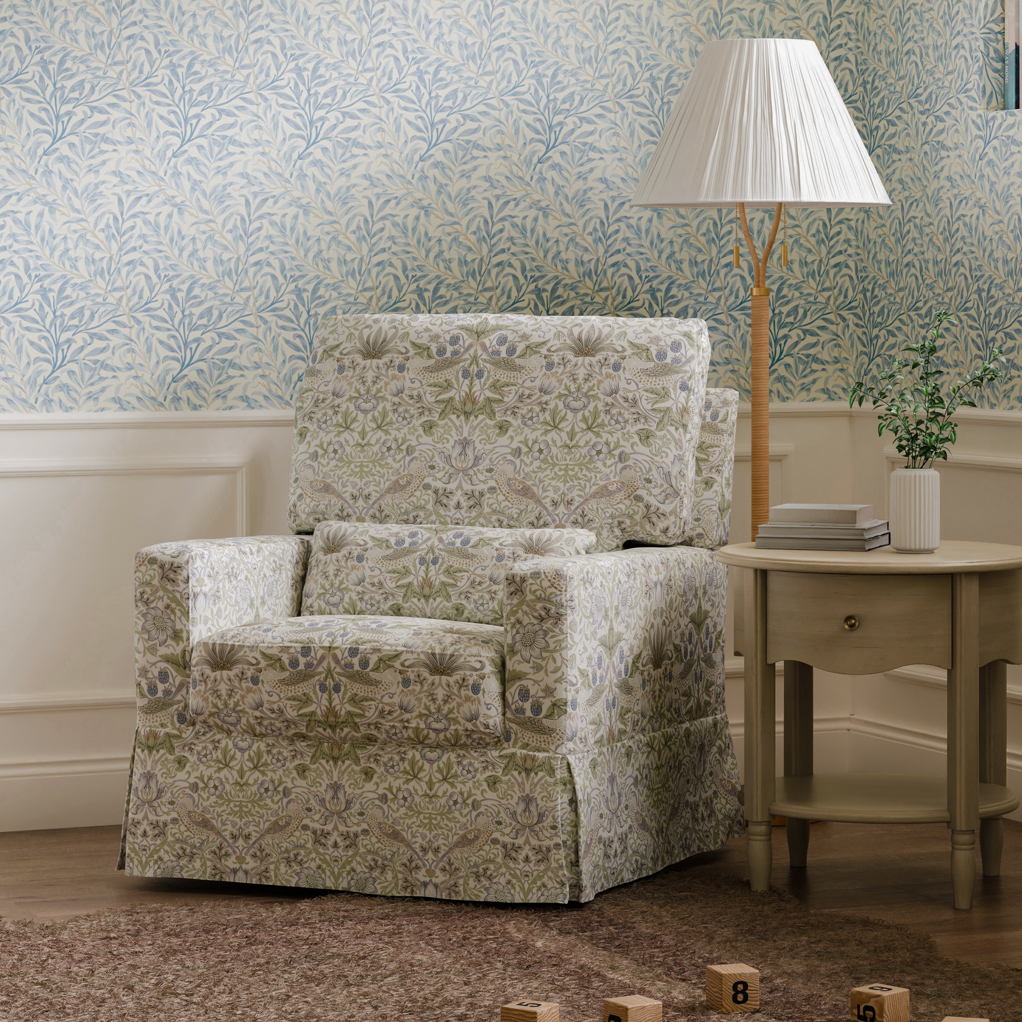 Namesake Morris & Co. x Namesake Crawford Pillowback Comfort Swivel Glider - Strawberry Thief In Fig & Thyme Performance Eco-Weave.