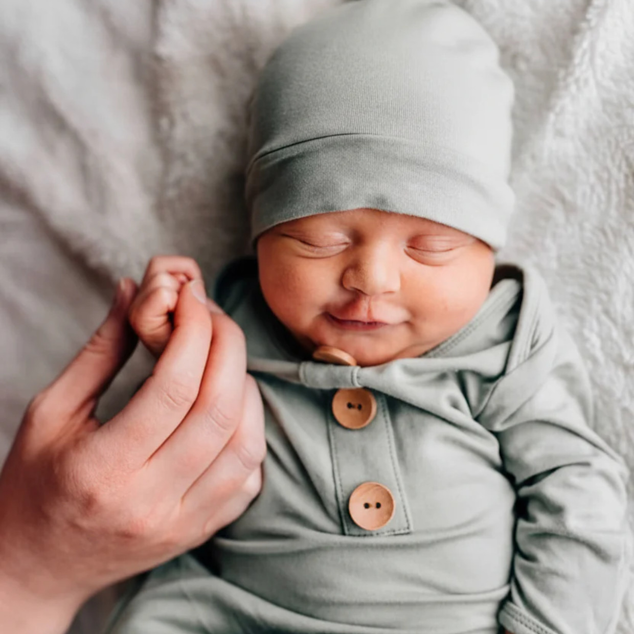 Caden Lane Bamboo Baby Knot Gown & Hat - Solid Moss, Newborn.