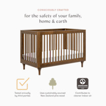 Safety and sustainability icons with crib image