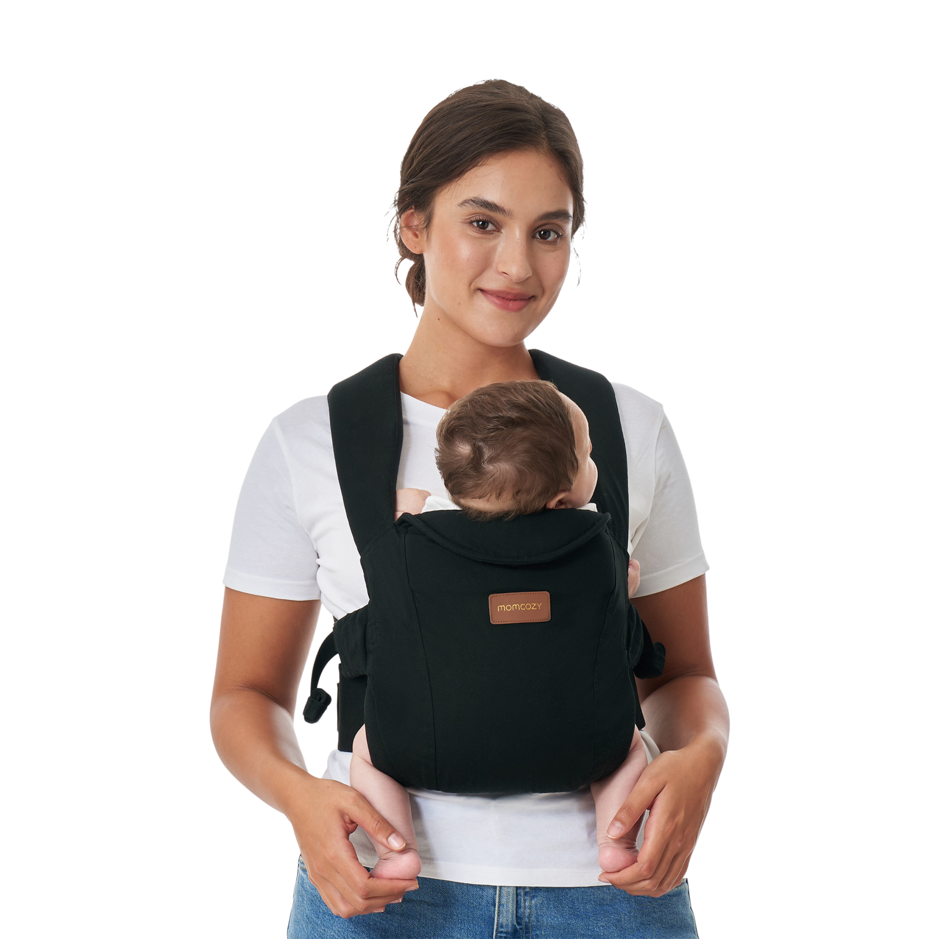Momcozy Newborn Carrier WeeSnug- Lightweight and Cozy Comfort for 7-25 lbs, Ergonomic Cross-Back Support, Effortless to Put On, Hands-Free Baby Carrier with Lumbar Support, Black