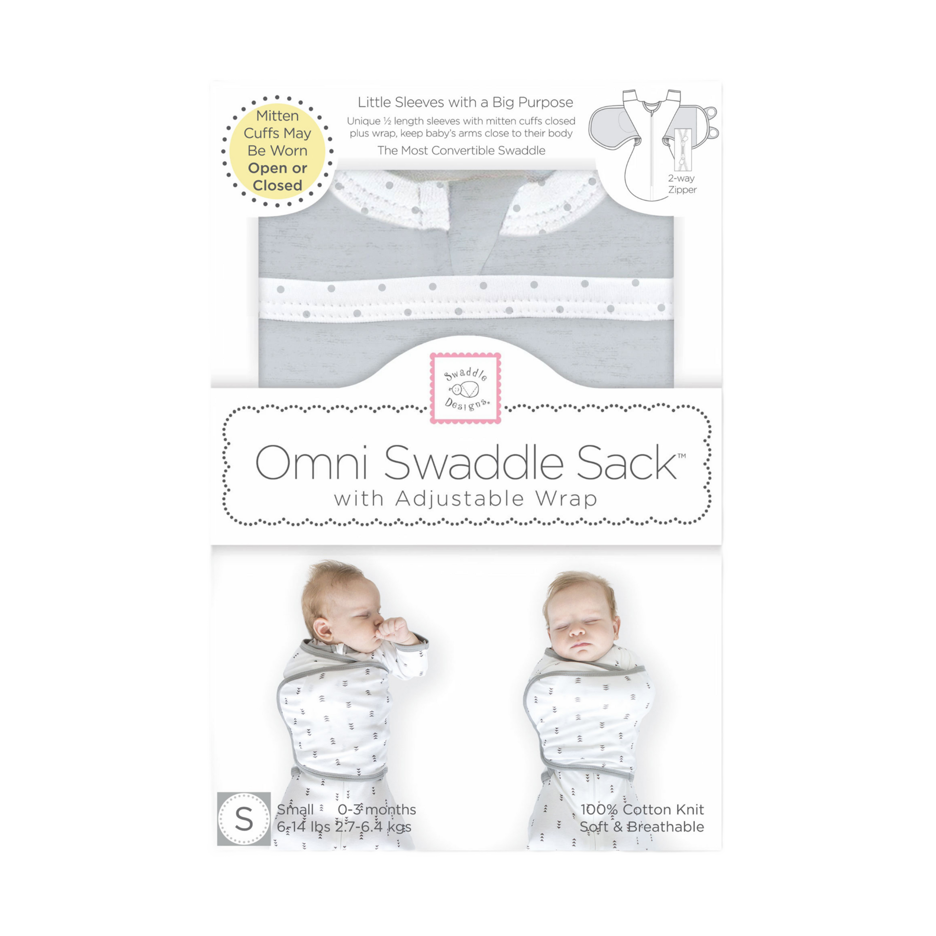 SwaddleDesigns Omni Swaddle Sack with Arms Up Half-Length Sleeves and Mitten Cuffs - Heathered Gray, Small 6-14 Lbs (0-3 Months).