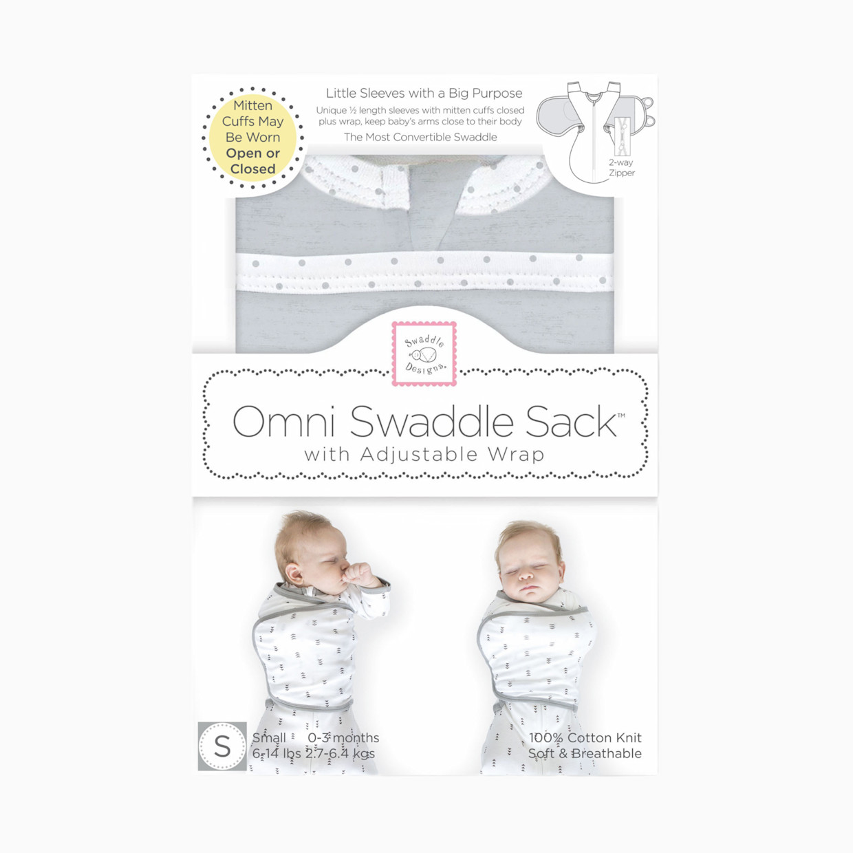 SwaddleDesigns Omni Swaddle Sack with Arms Up Half-Length Sleeves and Mitten Cuffs - Heathered Gray, Small 6-14 Lbs (0-3 Months).
