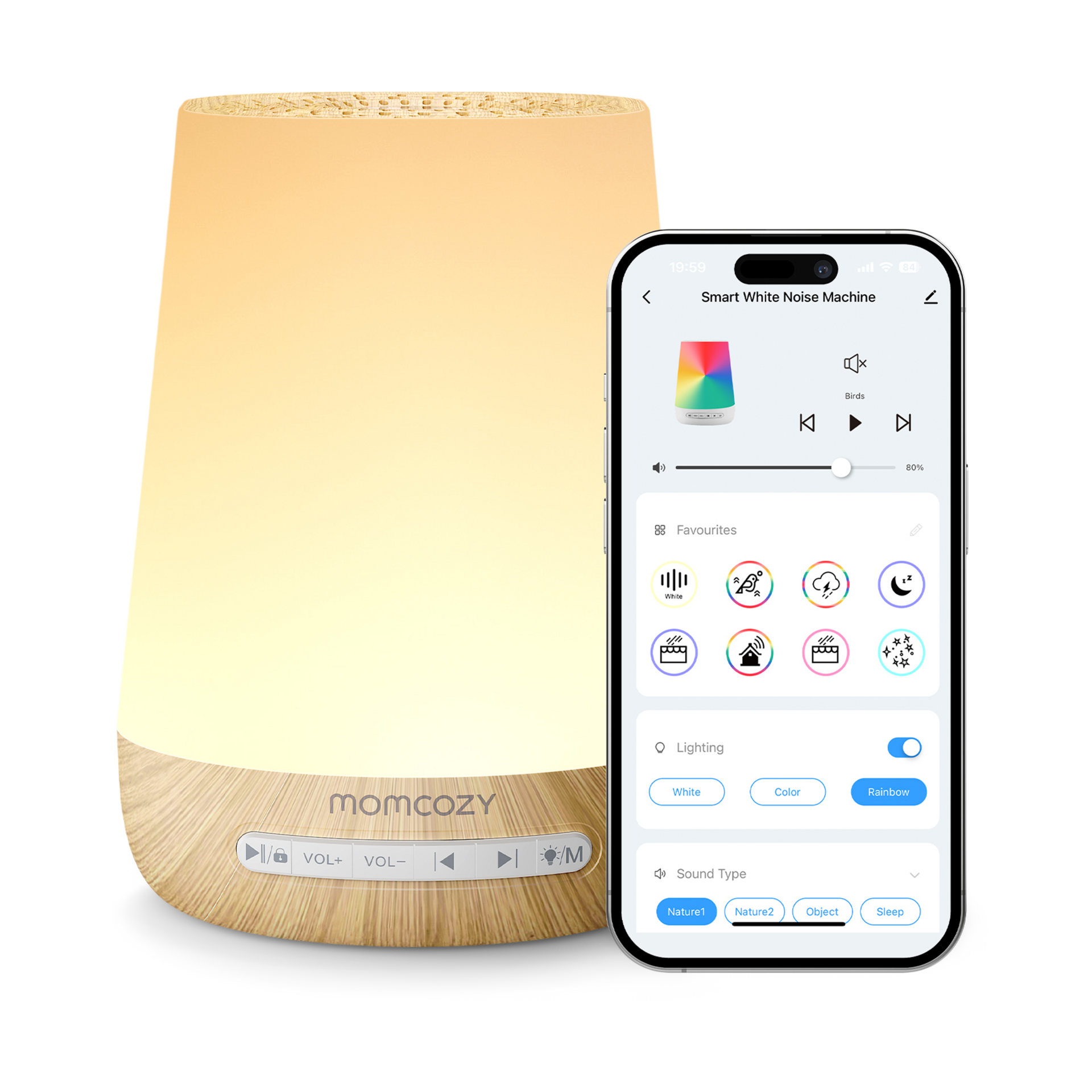 Baby Sound Machine, Momcozy White Noise Machine for Baby Sleeping with Night Light, Toddler Sleep Trainer 34 Soothing Sleep Sounds, Timer, App Remote Control, Personal Sleep Routine Alarm Clock(Blue)