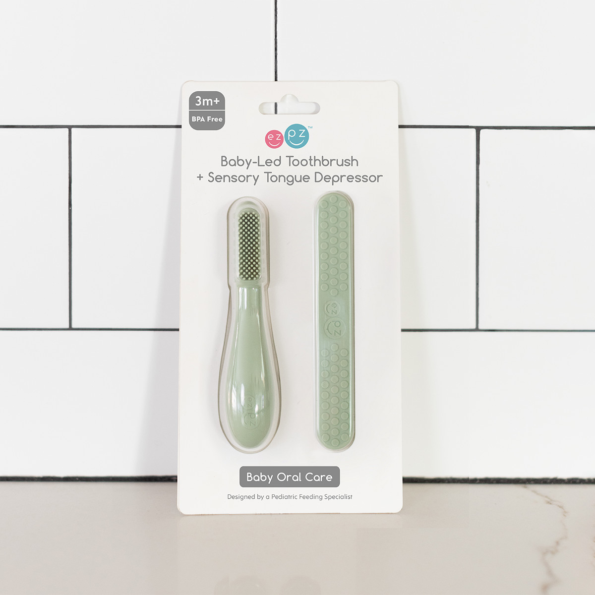 ezpz Baby-Led Toothbrush + Sensory Tongue Depressor Dual Pack - Sage.