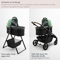 Sage bassinet and bassinet stand shown for overnight use and with stroller