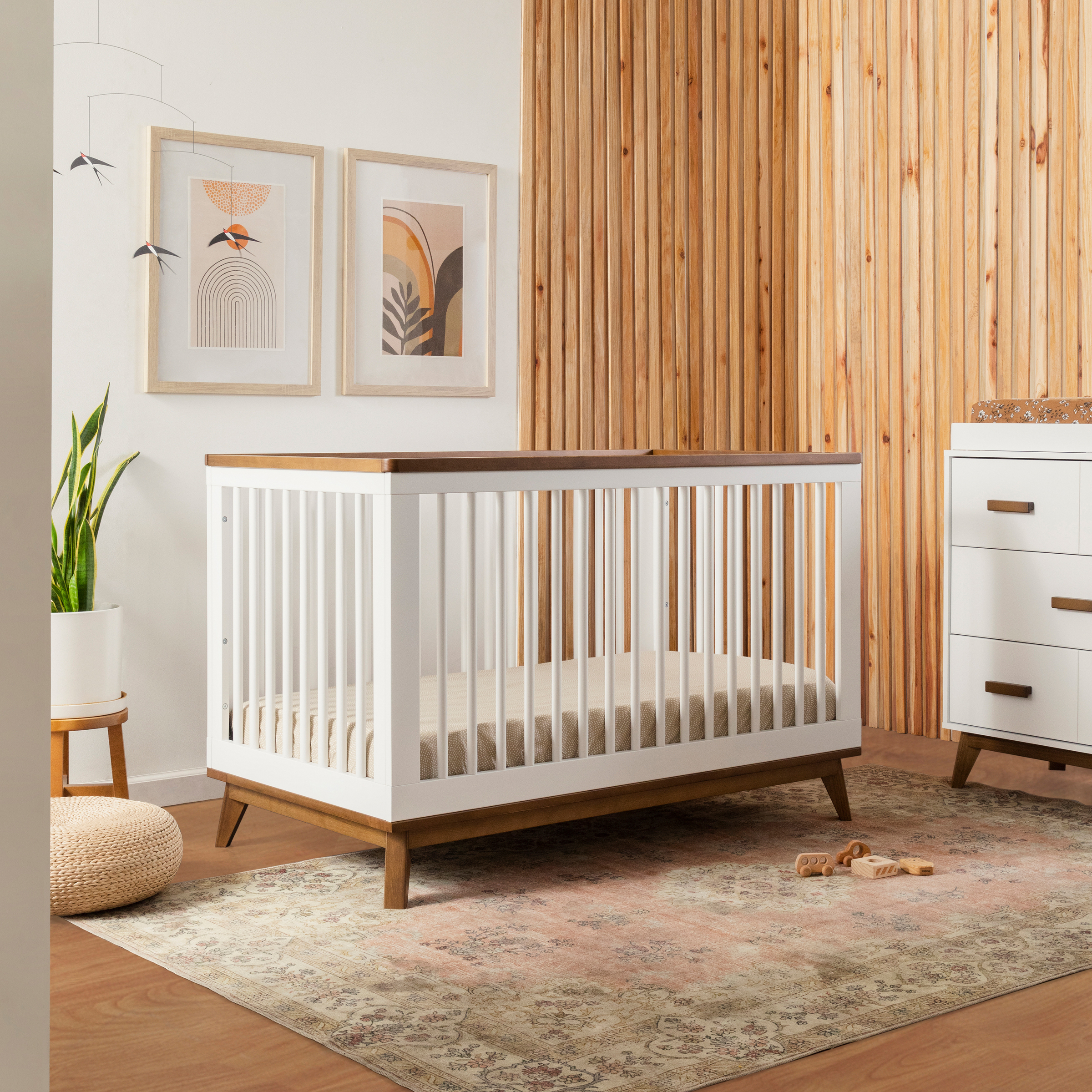 babyletto Scoot 3-in-1 Convertible Crib with Toddler Bed Conversion Kit - White/Natural Walnut.