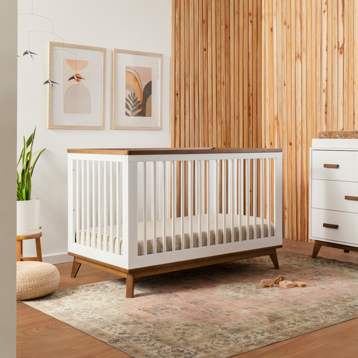 babyletto Scoot 3-in-1 Convertible Crib with Toddler Bed Conversion Kit - White/Natural Walnut.