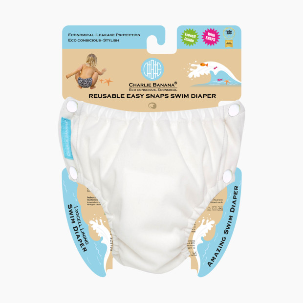 Charlie Banana Reusable Easy Snaps Swim Diaper - White, Medium.