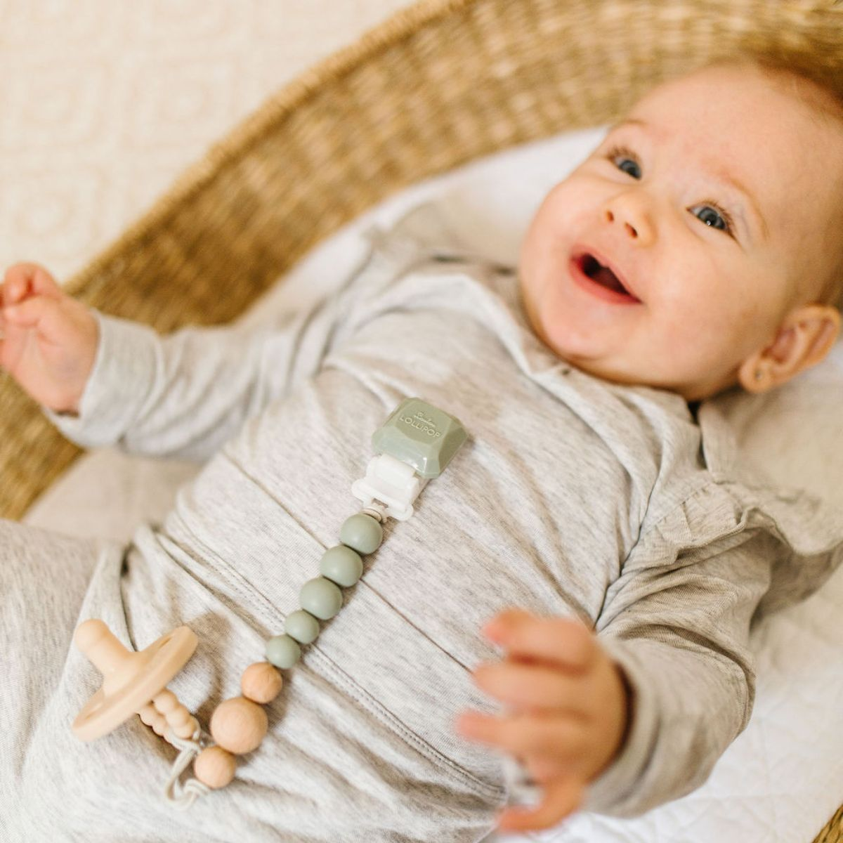 Loulou Lollipop Color Pop Silicone and Wood Pacifier Clip Silver Sage