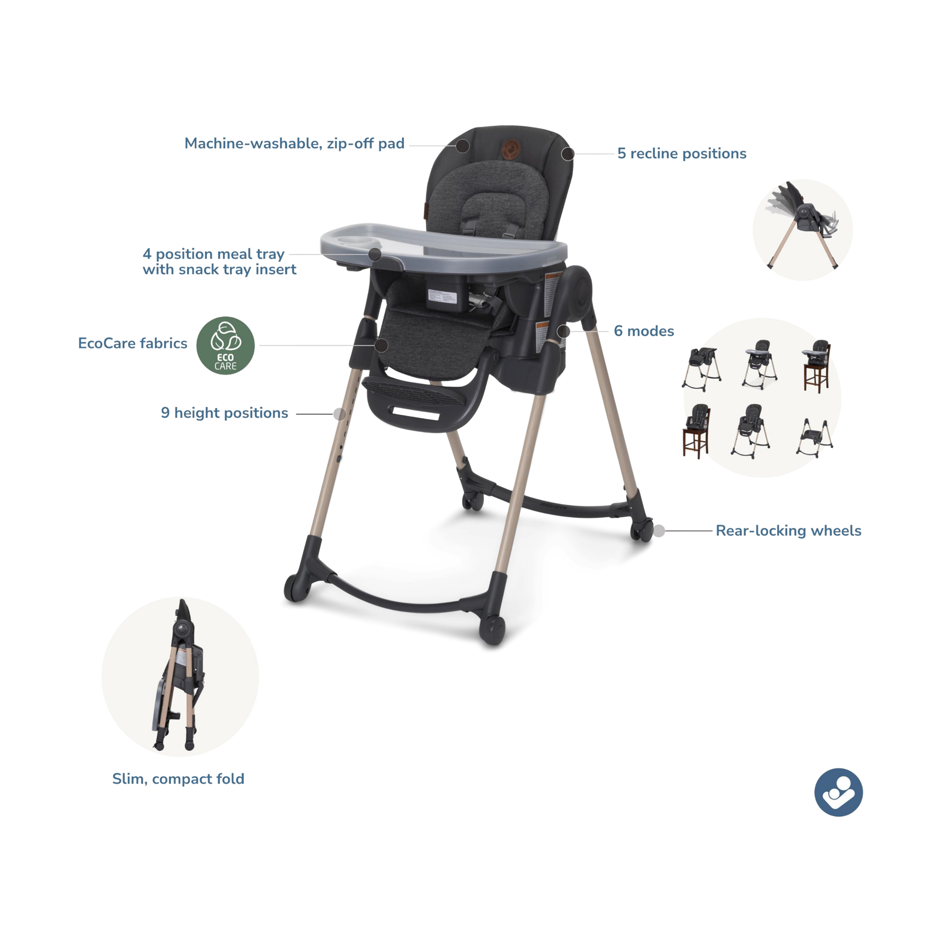 Maxi-Cosi Minla 6-in-1 Adjustable High Chair - Classic Graphite.