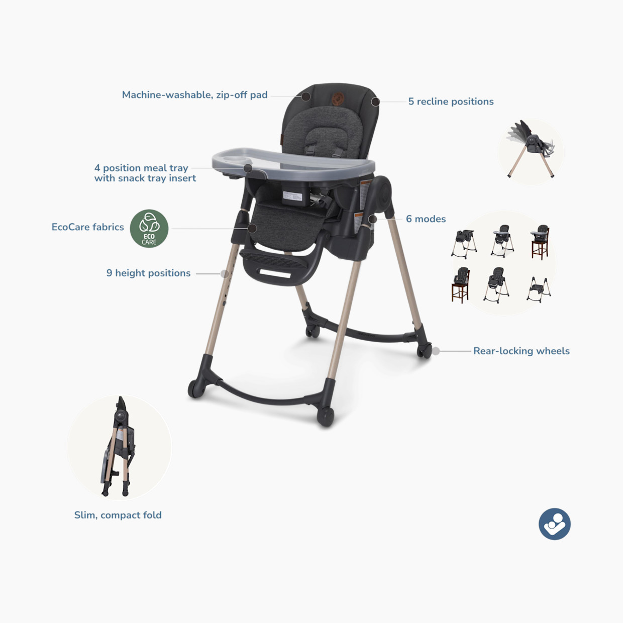 Maxi-Cosi Minla 6-in-1 Adjustable High Chair - Classic Graphite.