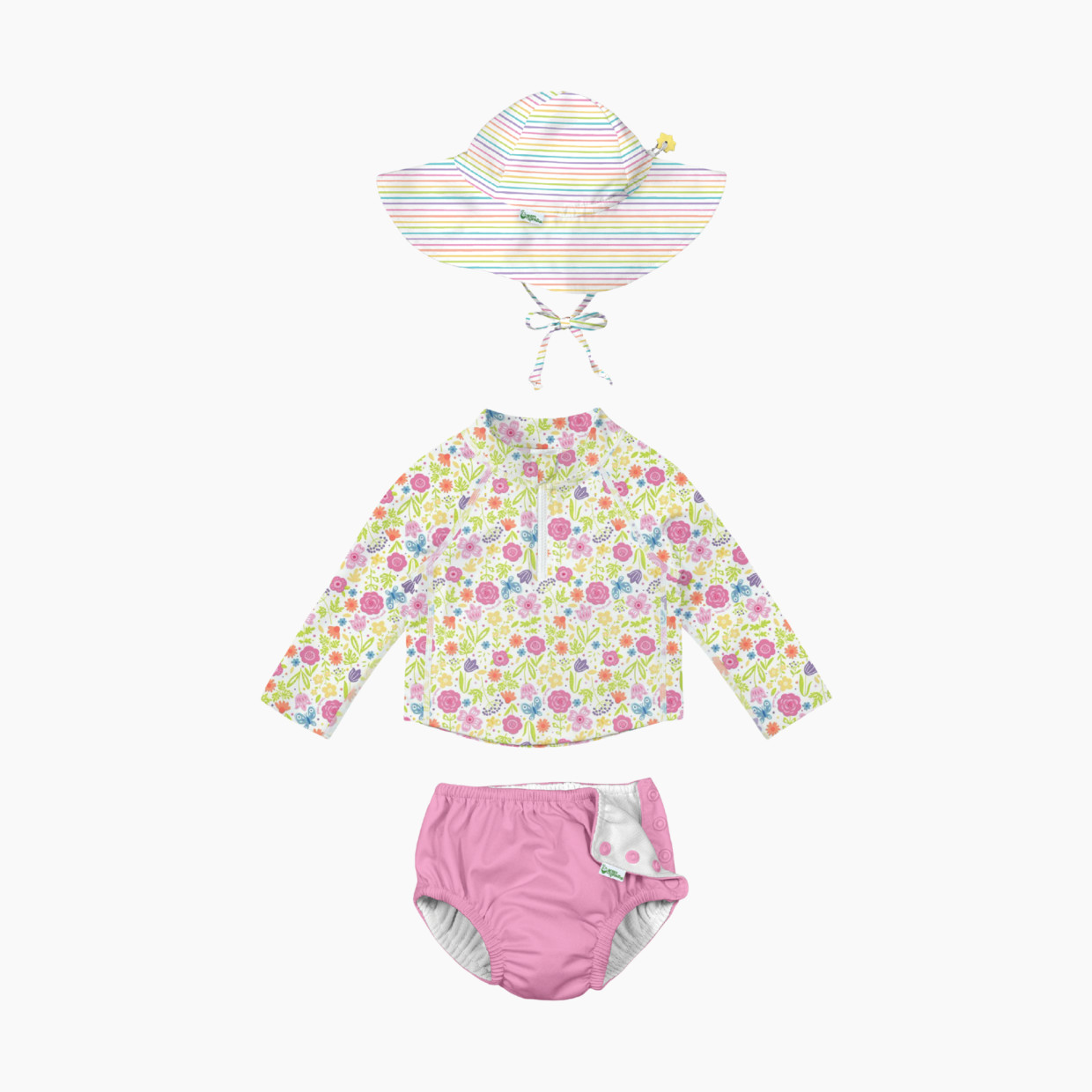 GREEN SPROUTS UPF 50+ Snap Swim Diaper & Rashguard Set with Hat - Light Pink/Multicolor Flower Garden/Rainbow Pinstripe, 0-6 Months.