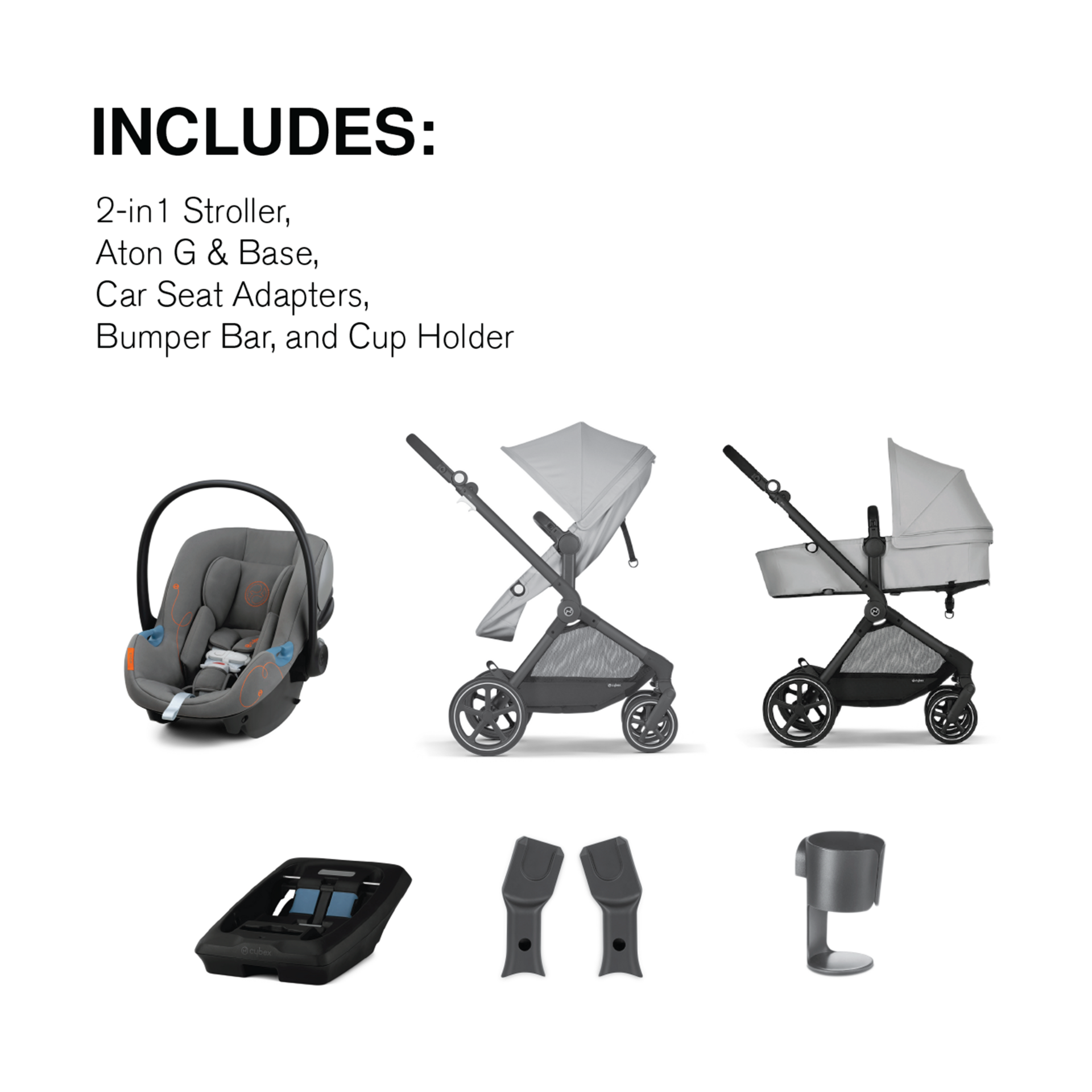 Cybex EOS 5-in-1 Travel System Stroller + Lightweight Aton G Infant Car Seat - Lava Grey.