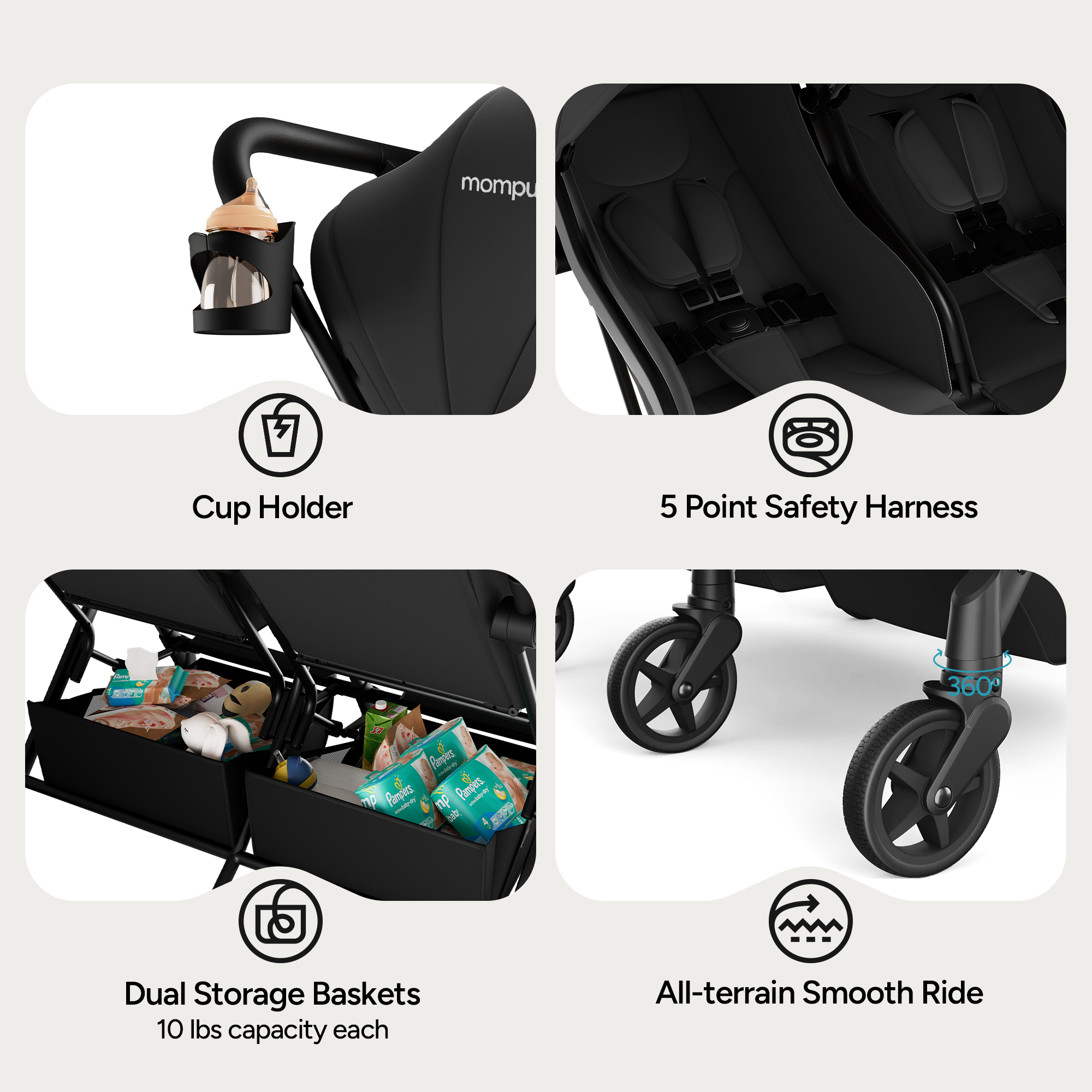 Mompush Lithe Double Stroller - Black.