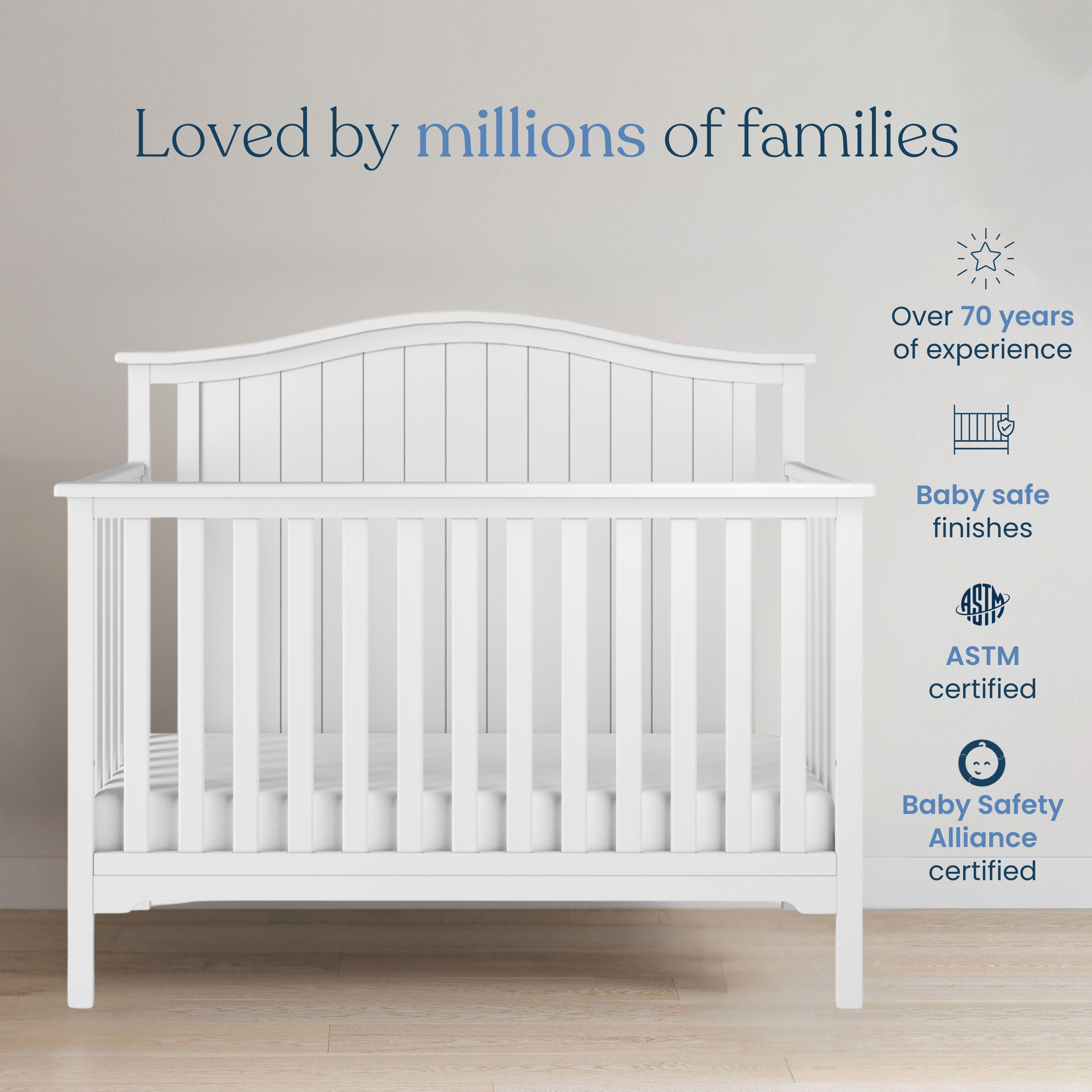 Child Craft Hampton Arch Top 4-In-1 Convertible Crib - Matte White.