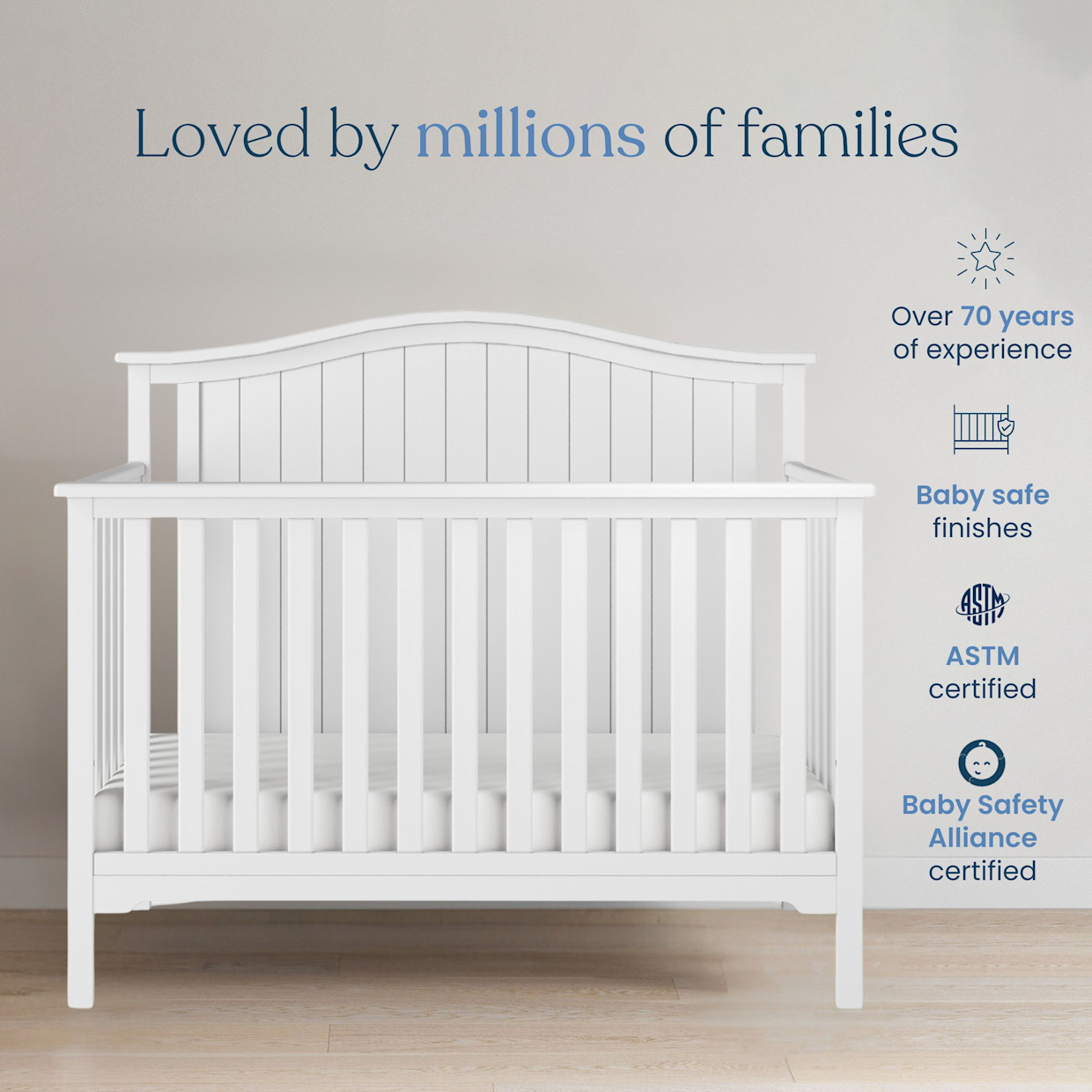 Child Craft Hampton Arch Top 4-In-1 Convertible Crib - Matte White.
