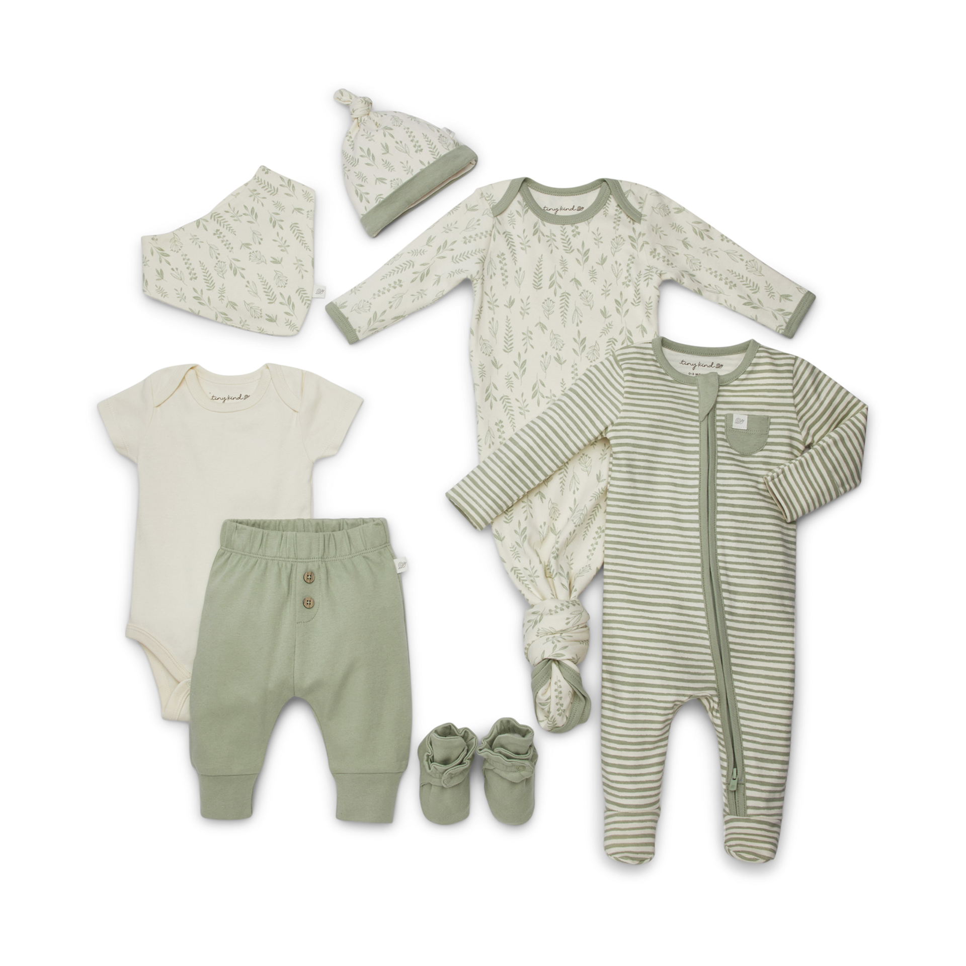 Tiny Kind The Head to Toe Organic 7 Piece Set - Sage Multi Leaf, 0-3 M.