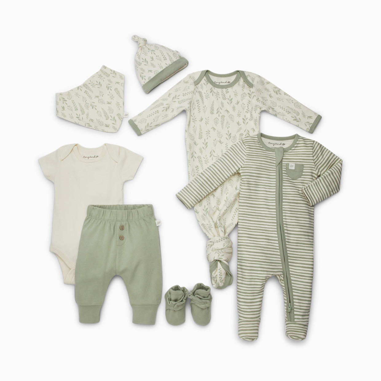 Tiny Kind The Head to Toe Organic 7 Piece Set - Sage Multi Leaf, 3-6 M.