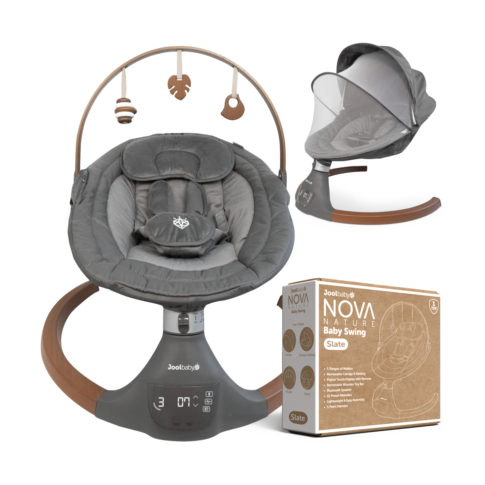 Jool Baby Nova Nature Baby Swing for Newborns with Natural Wood Toys, Electric Motorized Infant Swing, Bluetooth Music, Remote (Slate)
