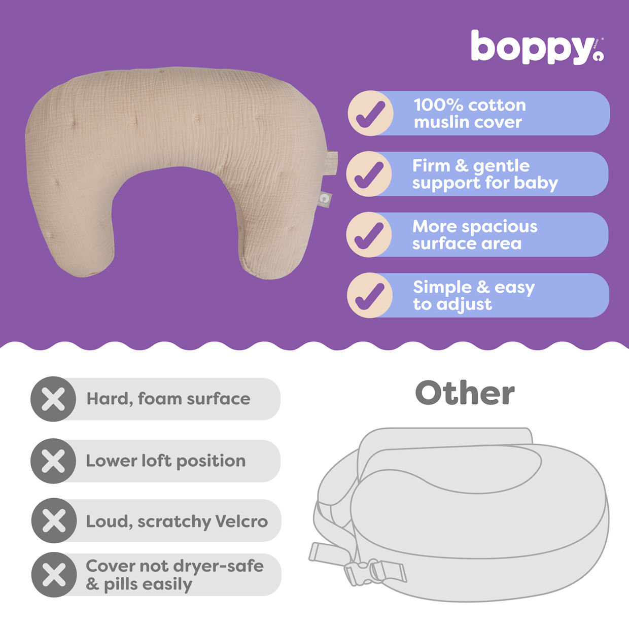 Boppy Nursing Pillow Luxe Muslin - Oatmeal Muslin.