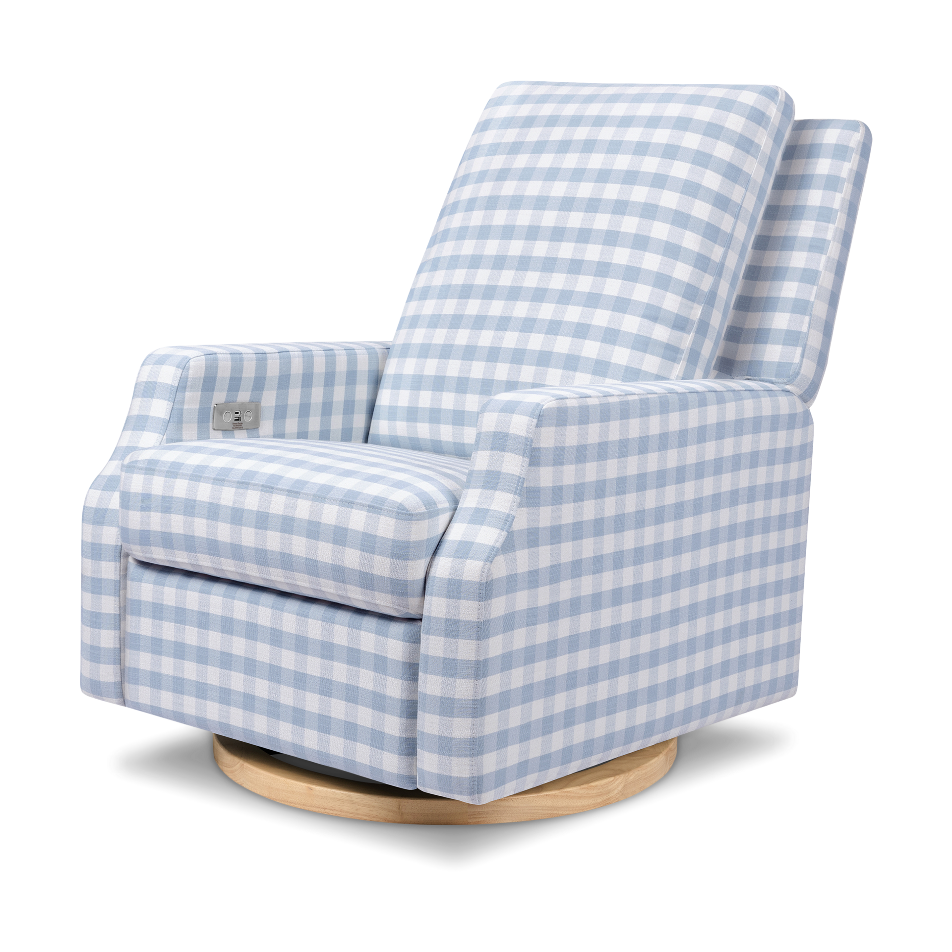 Namesake Crewe Electronic Recliner and Swivel Glider - Blue Gingham With Light Wood Base.