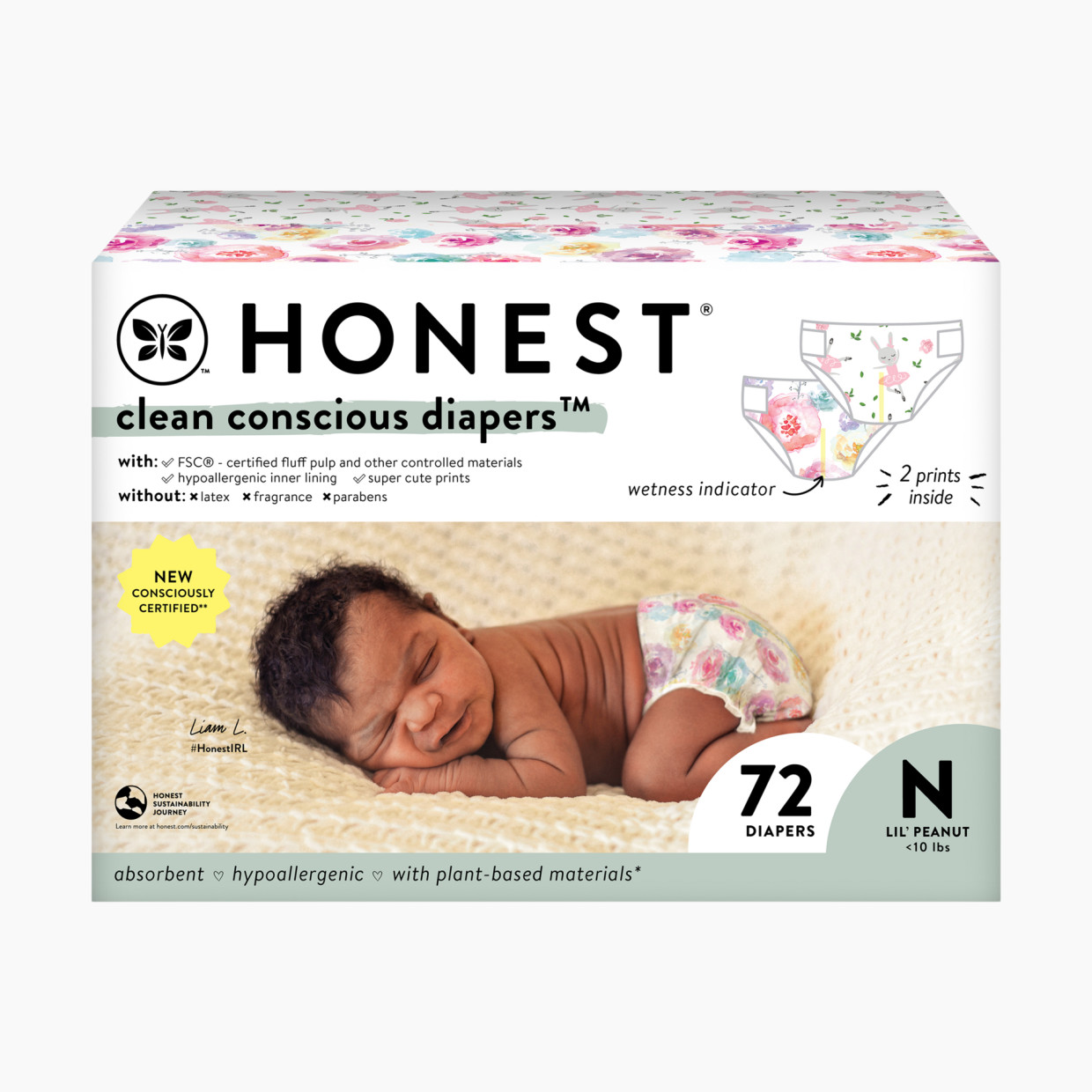 The Honest Company Clean Conscious Disposable Diapers - Rose Blossom + Tutu Cute, Nb, 72 Count.