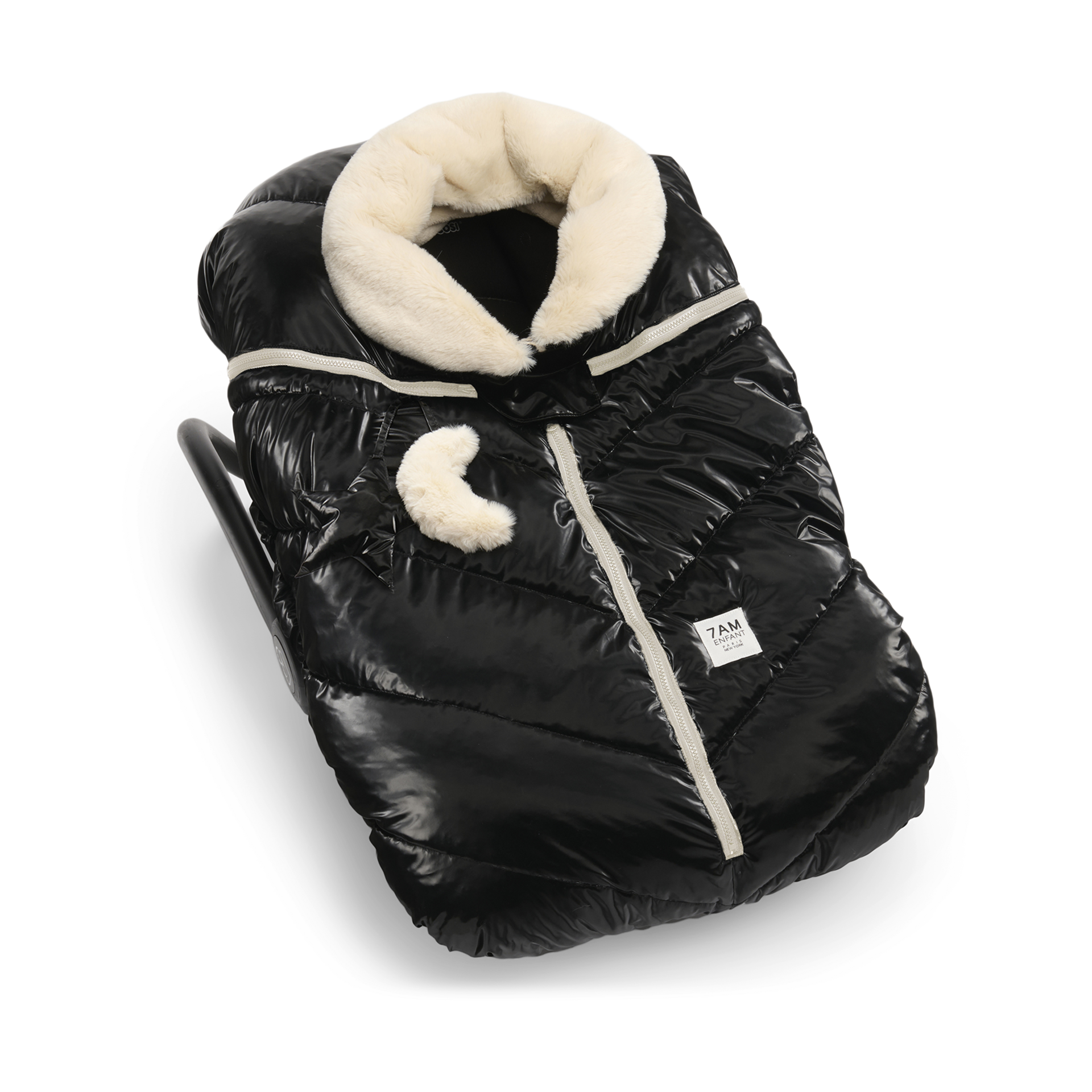 7AM Enfant Car Seat Cocoon - Black Liquid Shine/Arctic White Faux Fur.