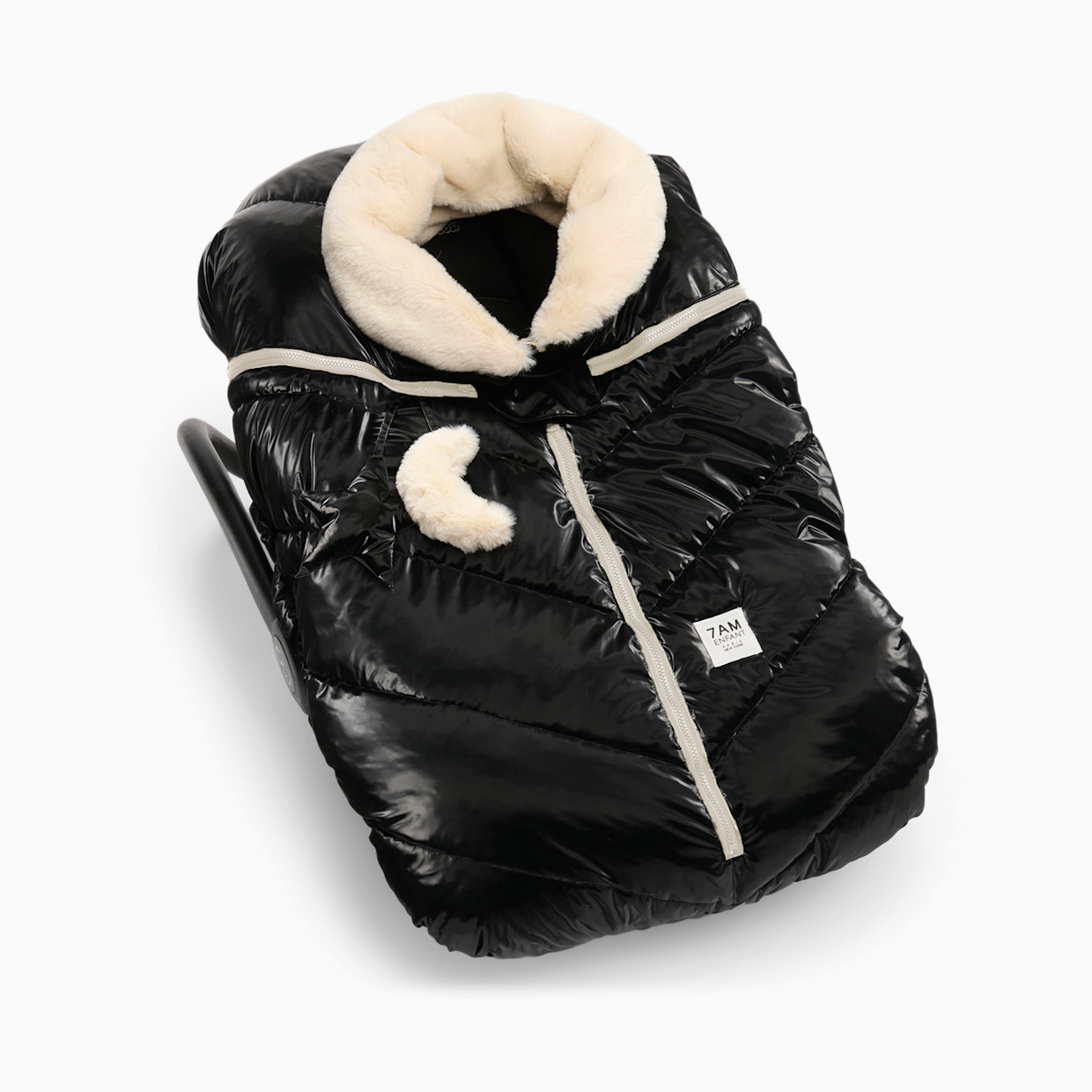 7AM Enfant Car Seat Cocoon - Black Liquid Shine/Arctic White Faux Fur.